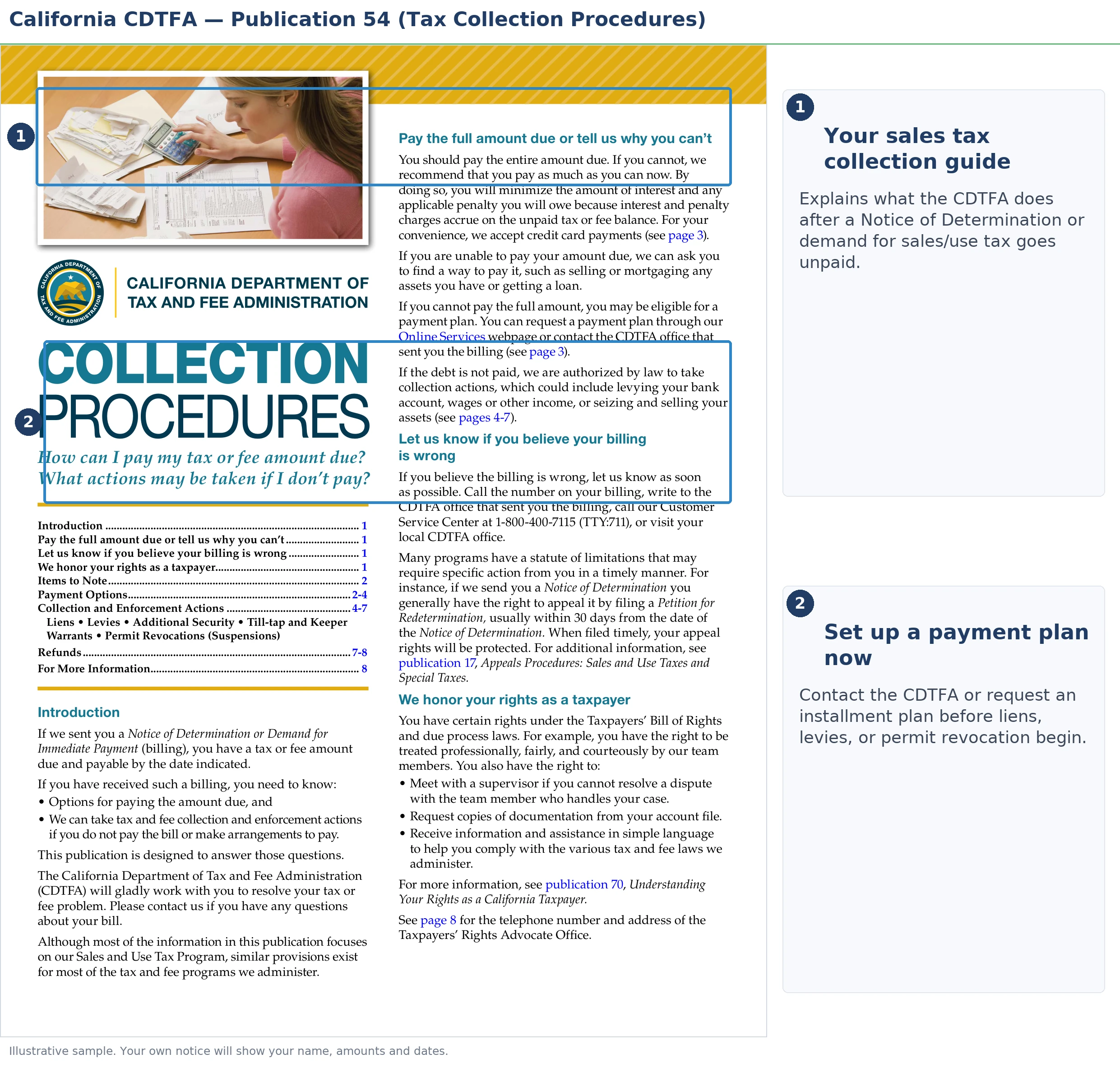 An annotated sample document for California Back Sales Tax, with the key parts highlighted.