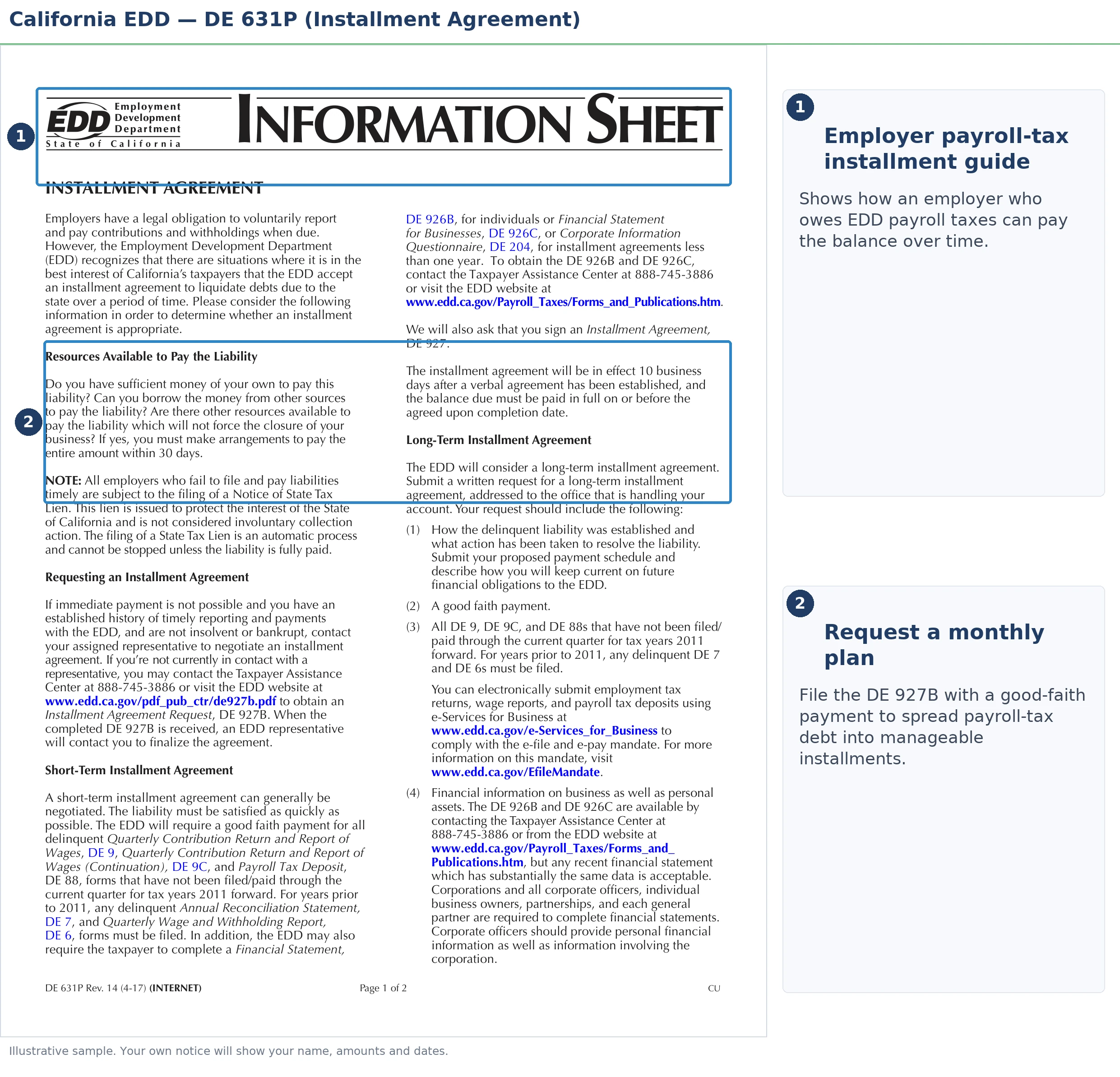 An annotated sample document for California EDD Payroll Tax Debt in 2026, with the key parts highlighted.