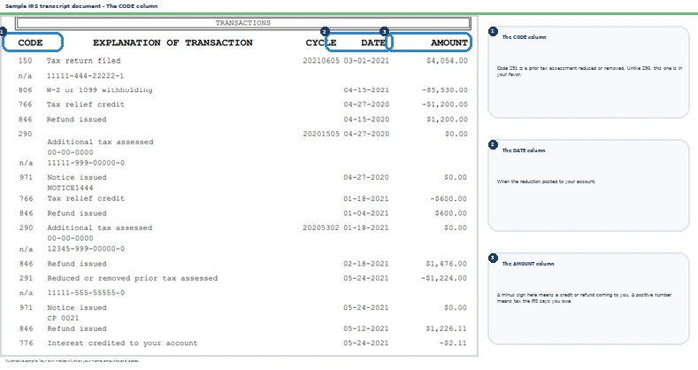 An annotated sample document for Code 291 on Your IRS Transcript, with the key parts highlighted.