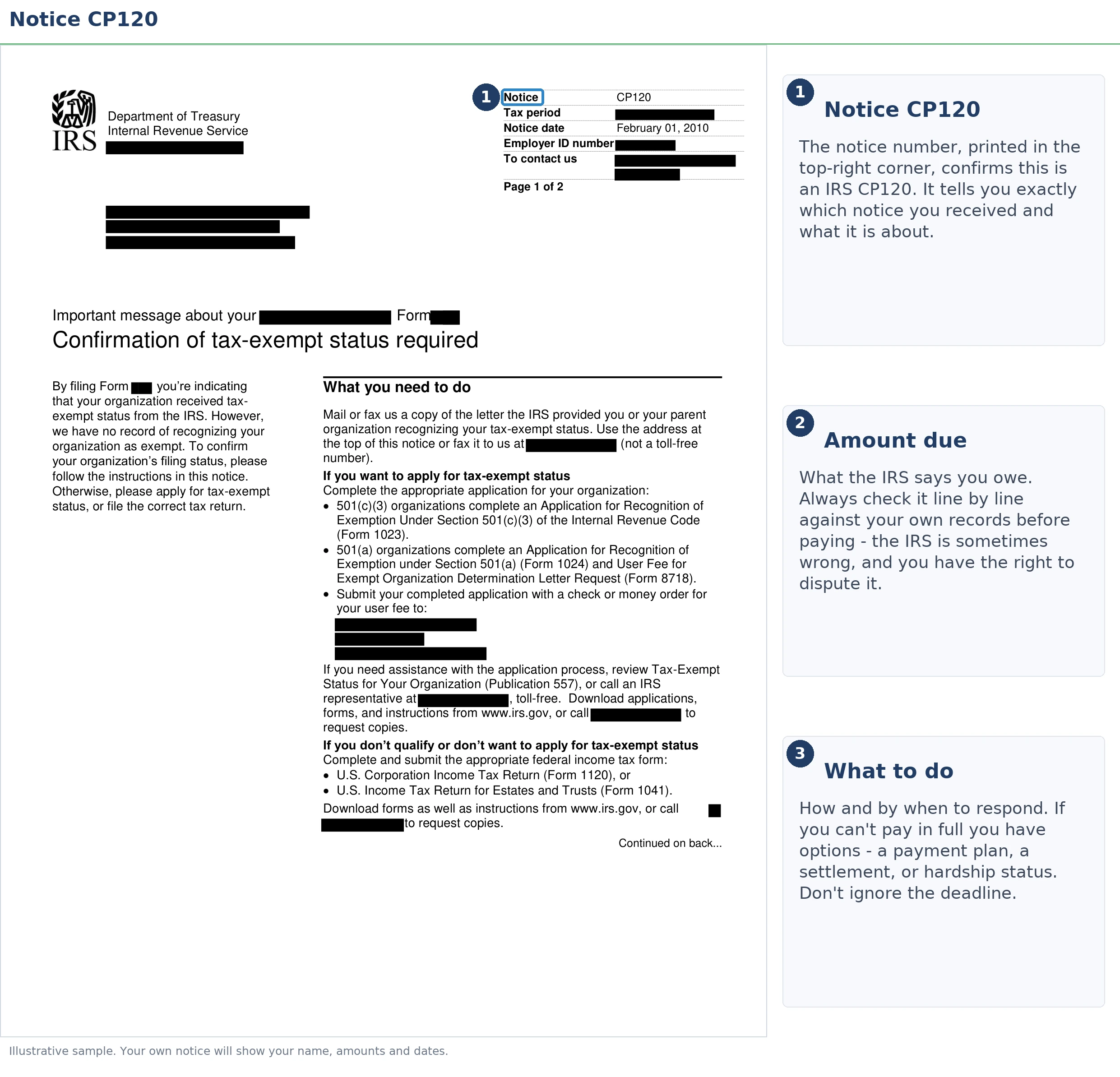 An exact sample of the IRS CP120 notice with the key parts highlighted.