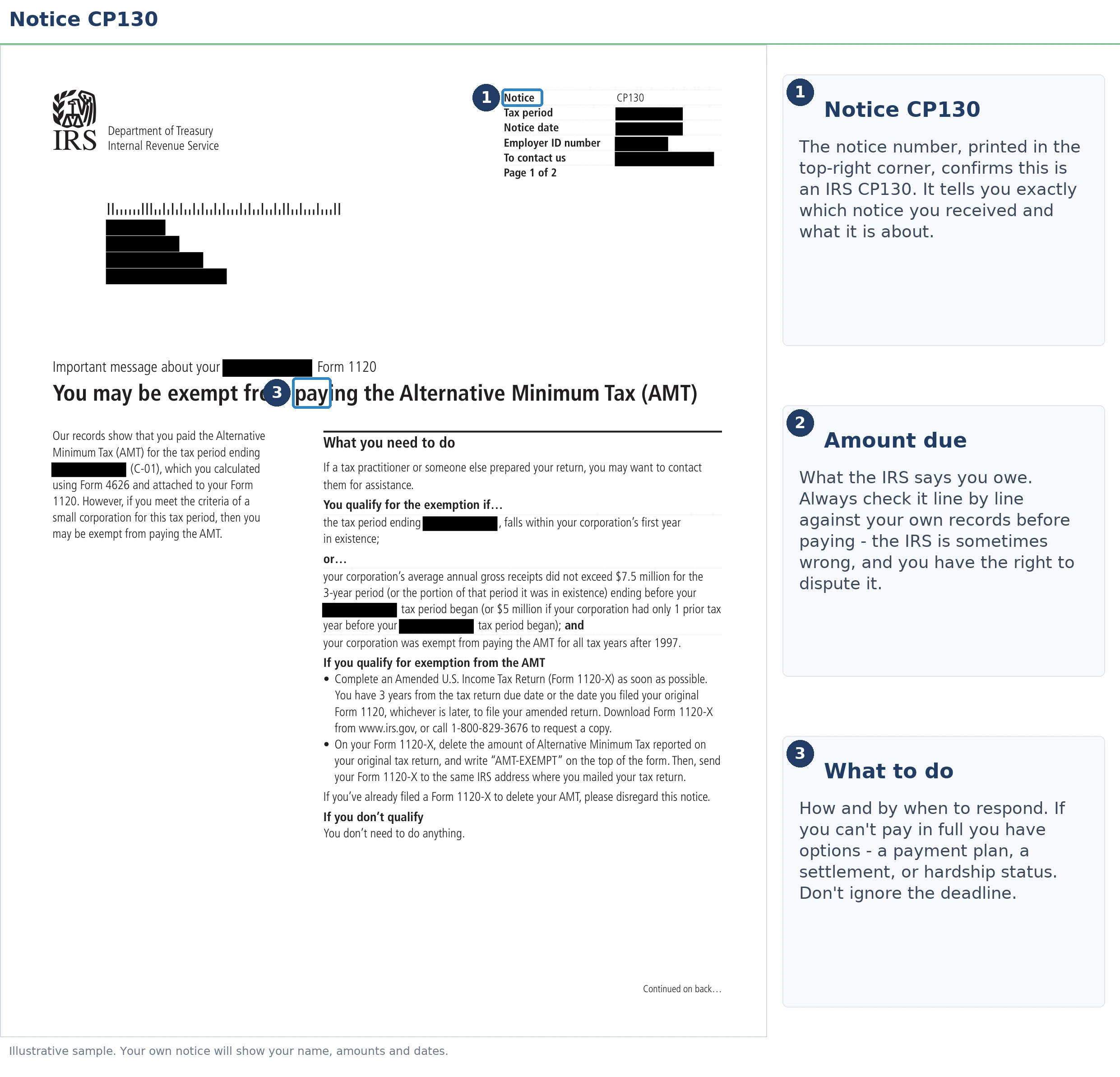 An exact sample of the IRS CP130 notice with the key parts highlighted.