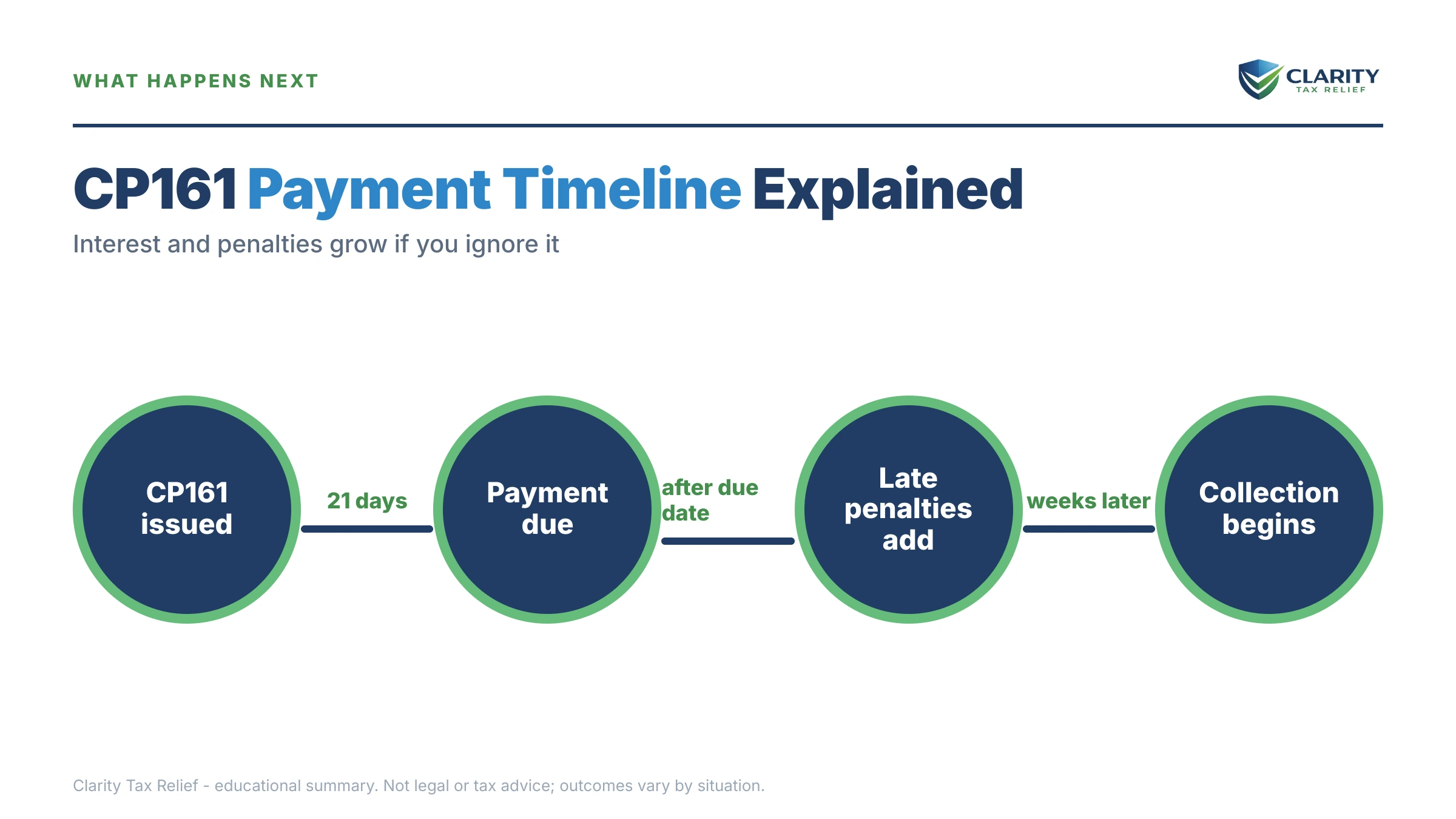 Infographic: the IRS CP161 notice timeline, costs and options mapped out.