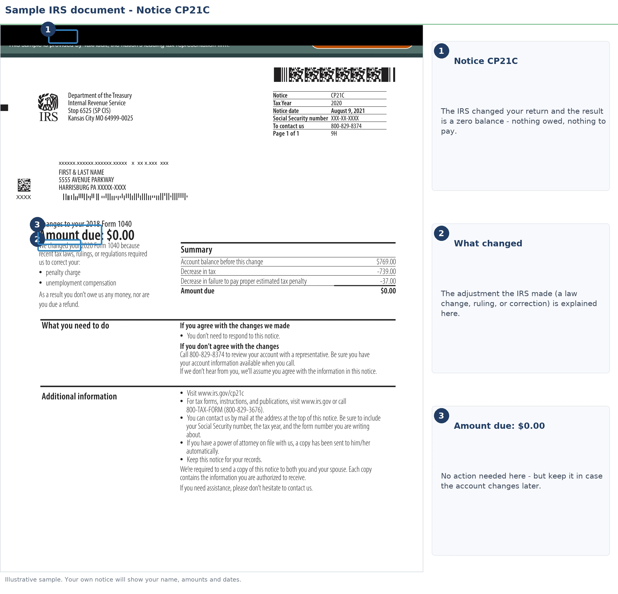An exact sample of the IRS CP21C notice with the key parts highlighted.