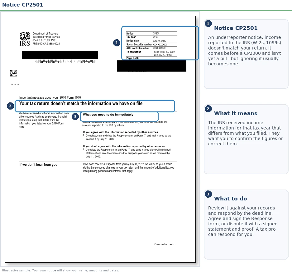 An exact sample of the IRS CP2501 notice with the key parts highlighted.