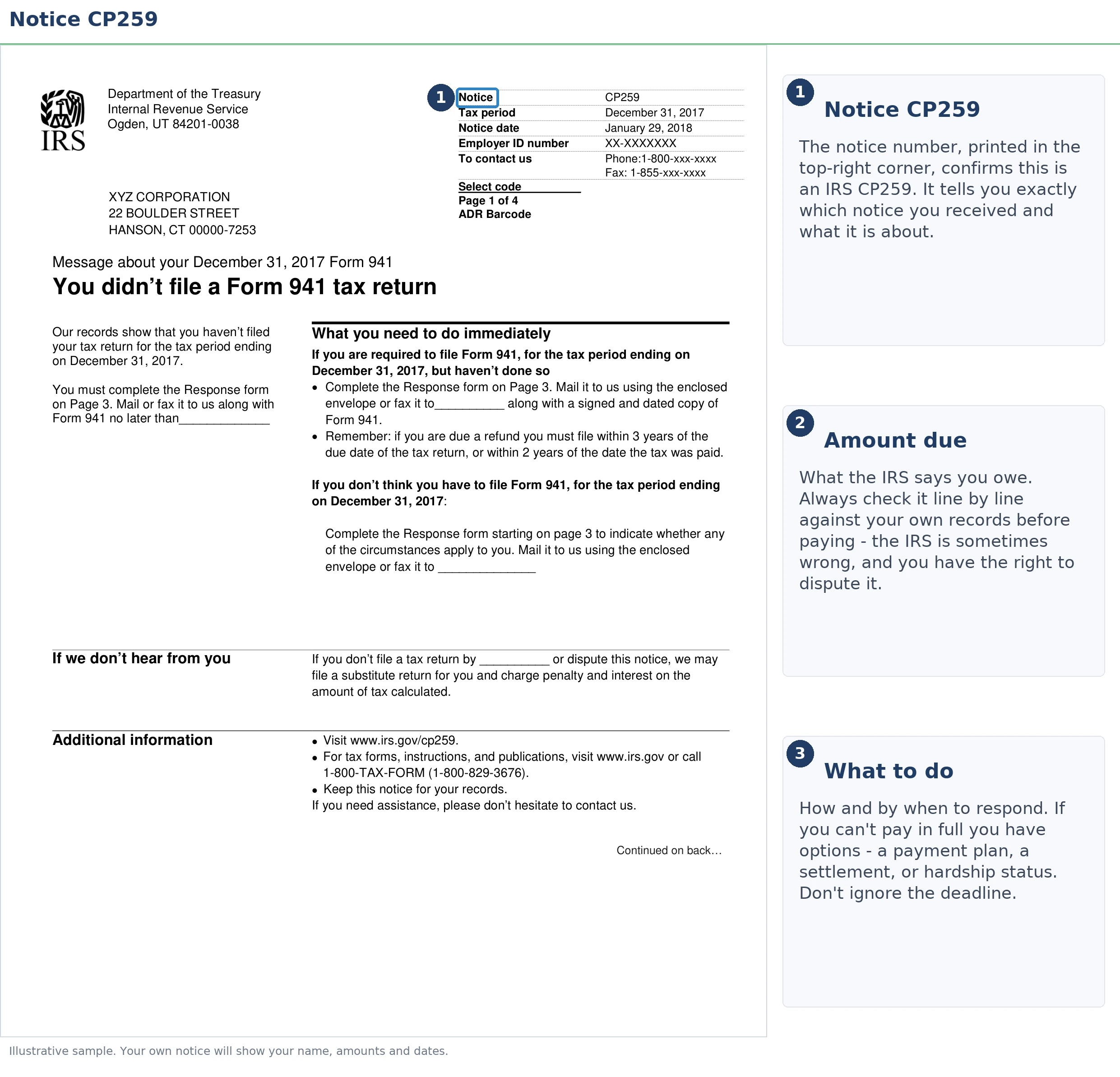 An exact sample of the IRS CP259 notice with the key parts highlighted.