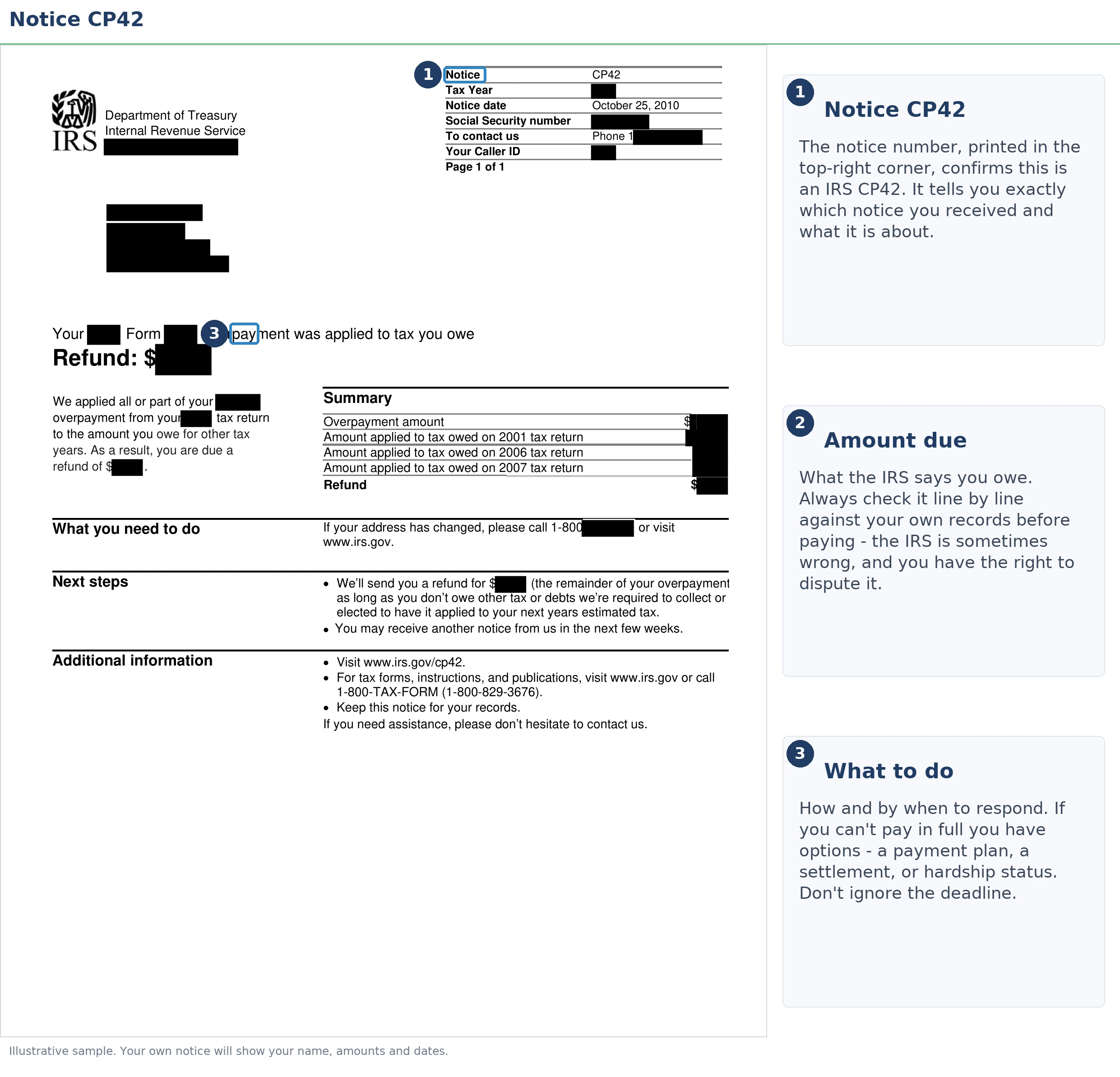 An exact sample of the IRS CP42 notice with the key parts highlighted.