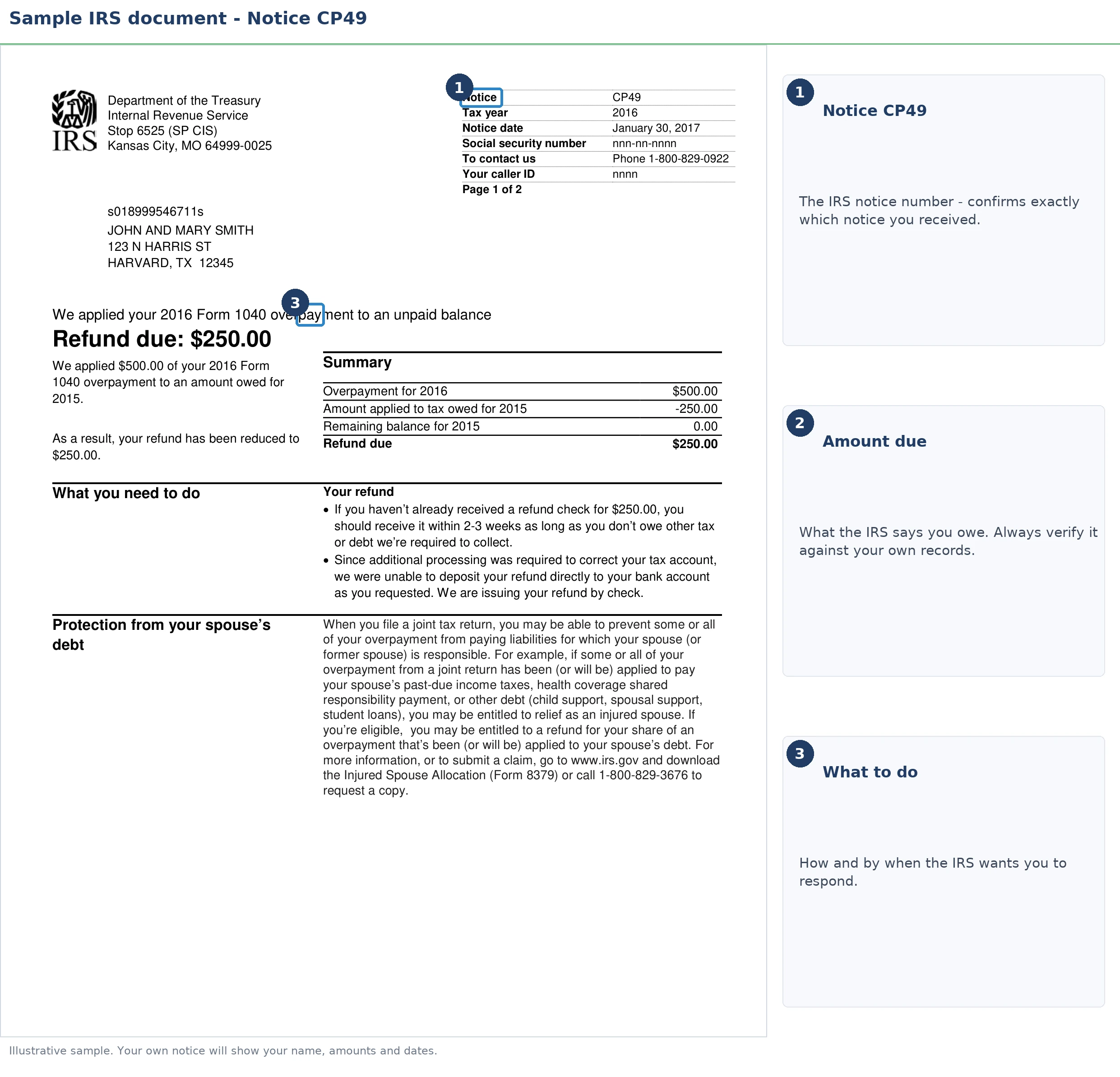 An exact sample of the IRS CP49 notice with the key parts highlighted.