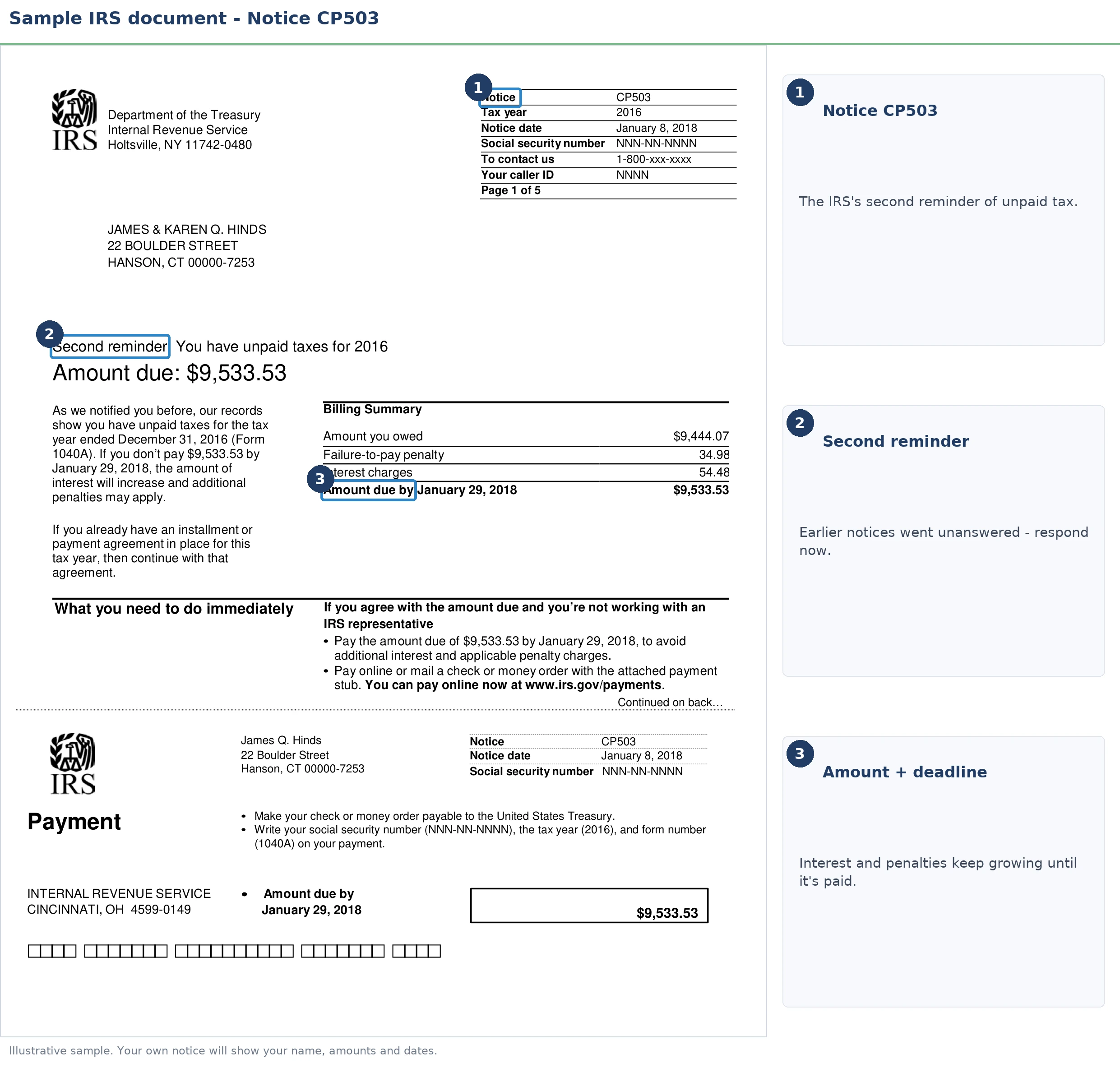 An exact sample of the IRS CP503 notice with the key parts highlighted.