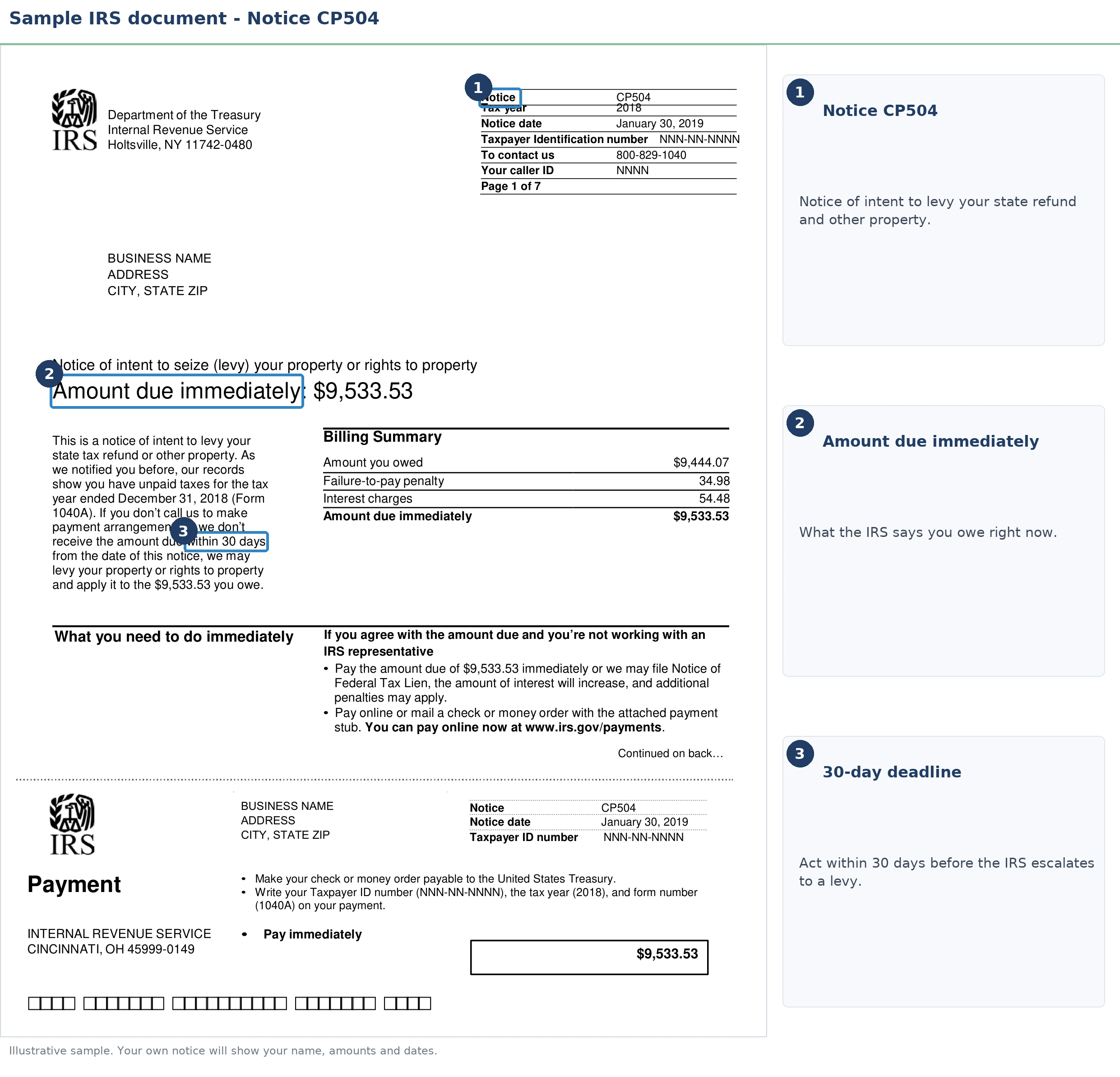 An exact sample of the IRS CP504 notice with the key parts highlighted.