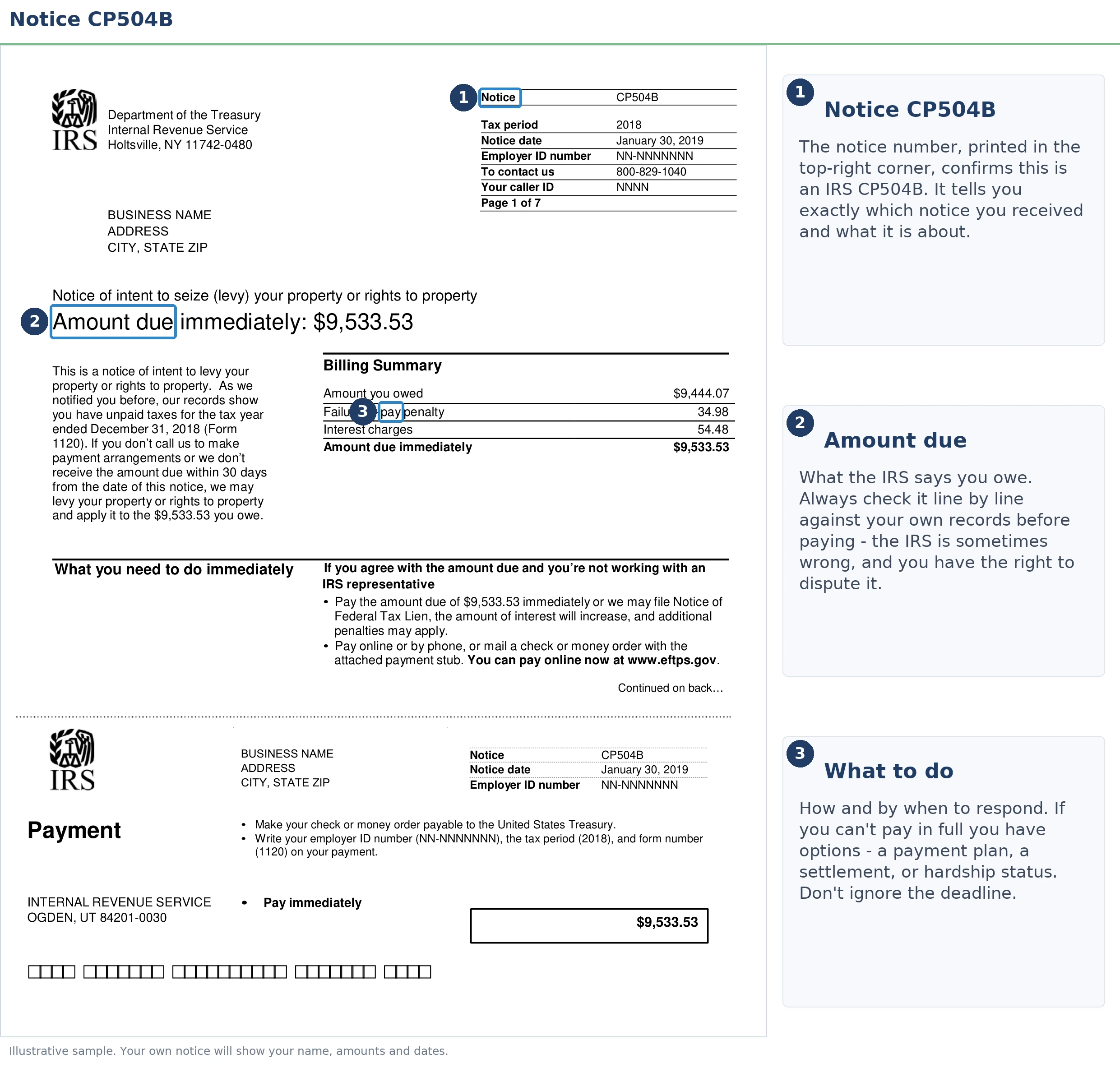 An exact sample of the IRS CP504B notice with the key parts highlighted.