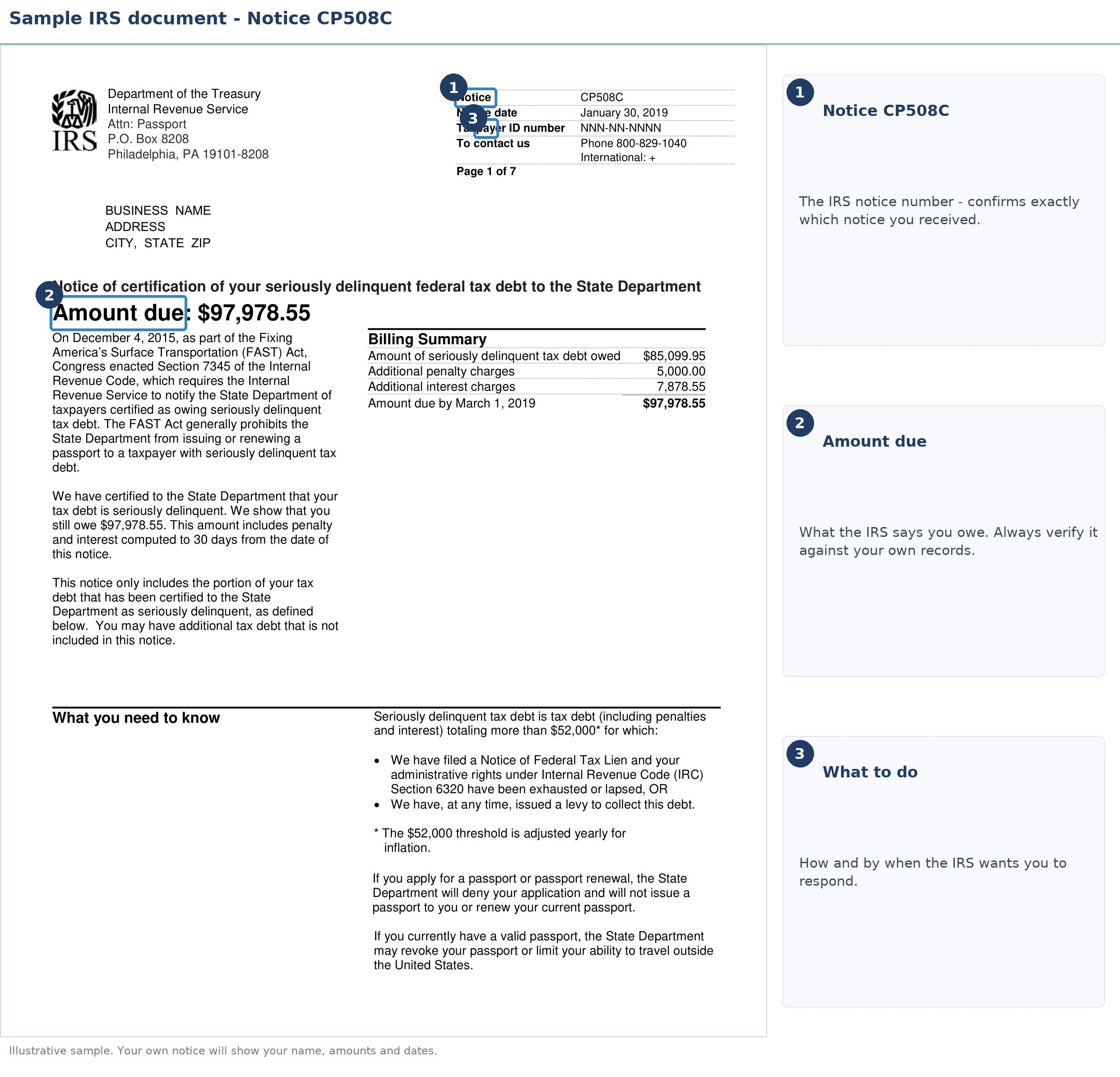 An exact sample of the IRS CP508C notice with the key parts highlighted.