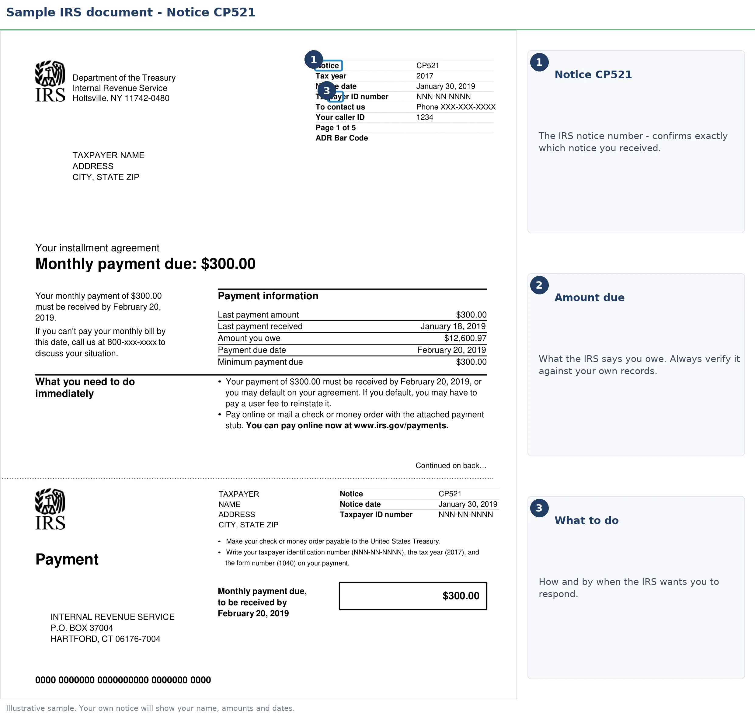 An exact sample of the IRS CP521 notice with the key parts highlighted.