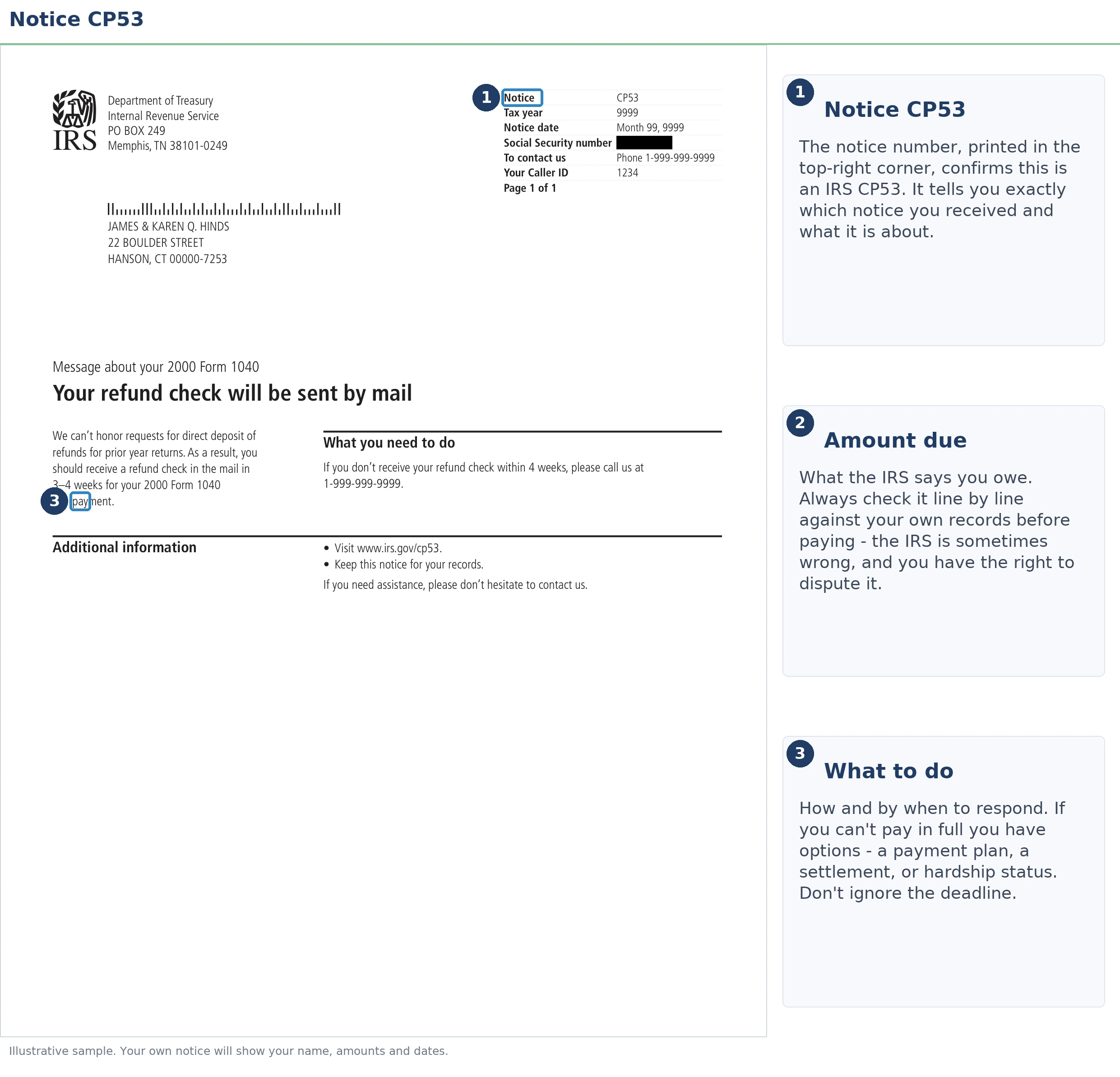 An exact sample of the IRS CP53 notice with the key parts highlighted.