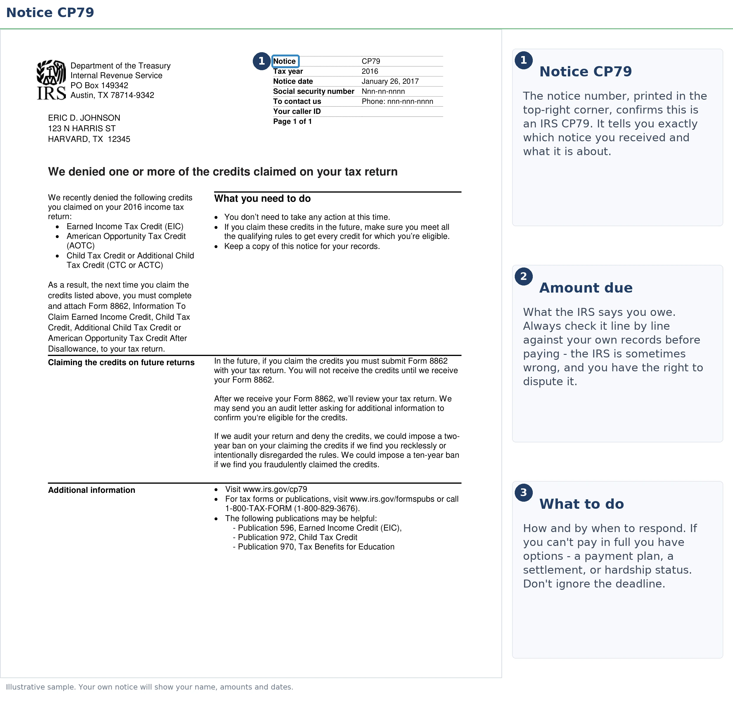 An exact sample of the IRS CP79 notice with the key parts highlighted.