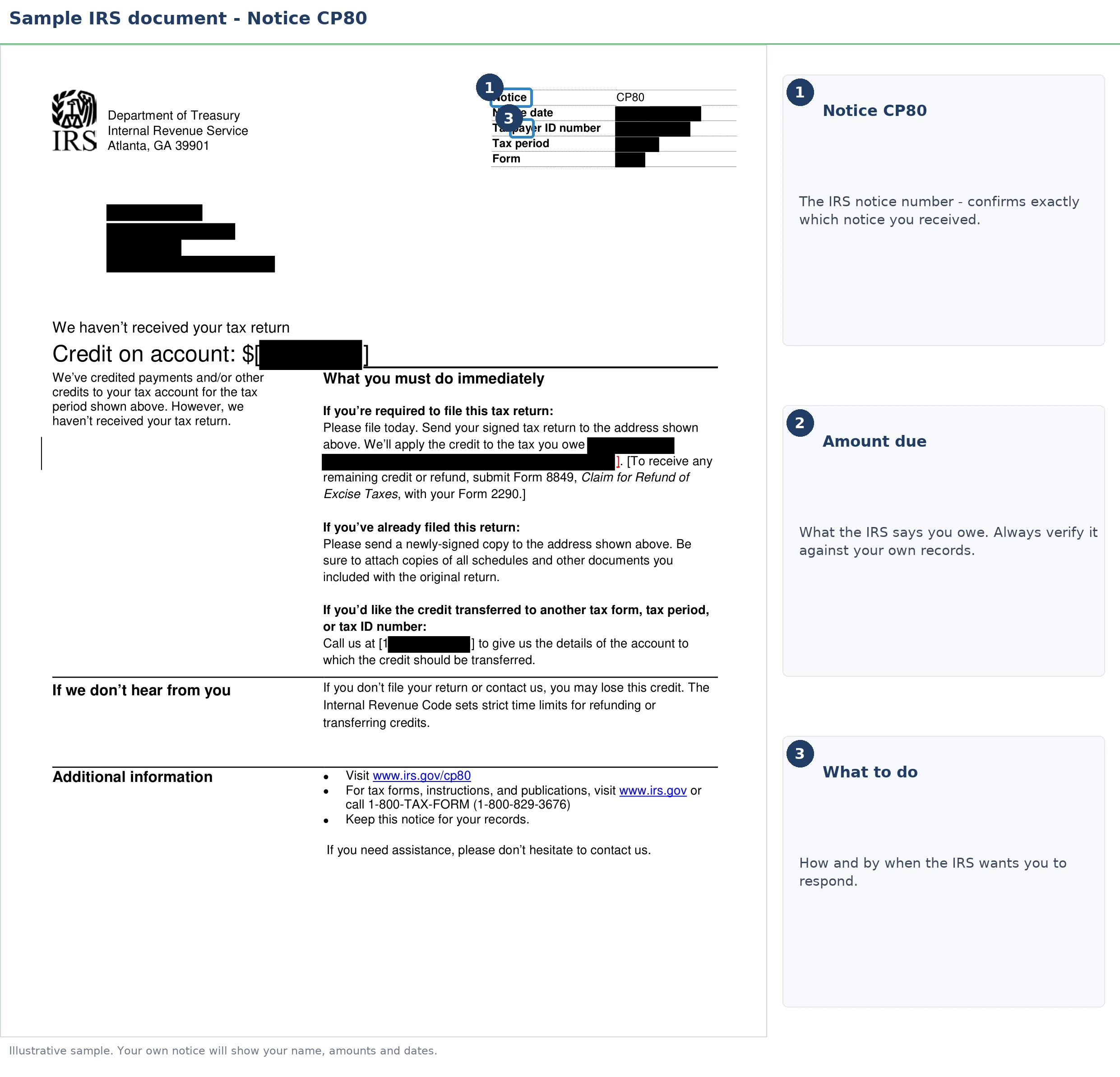 An exact sample of the IRS CP80 notice with the key parts highlighted.