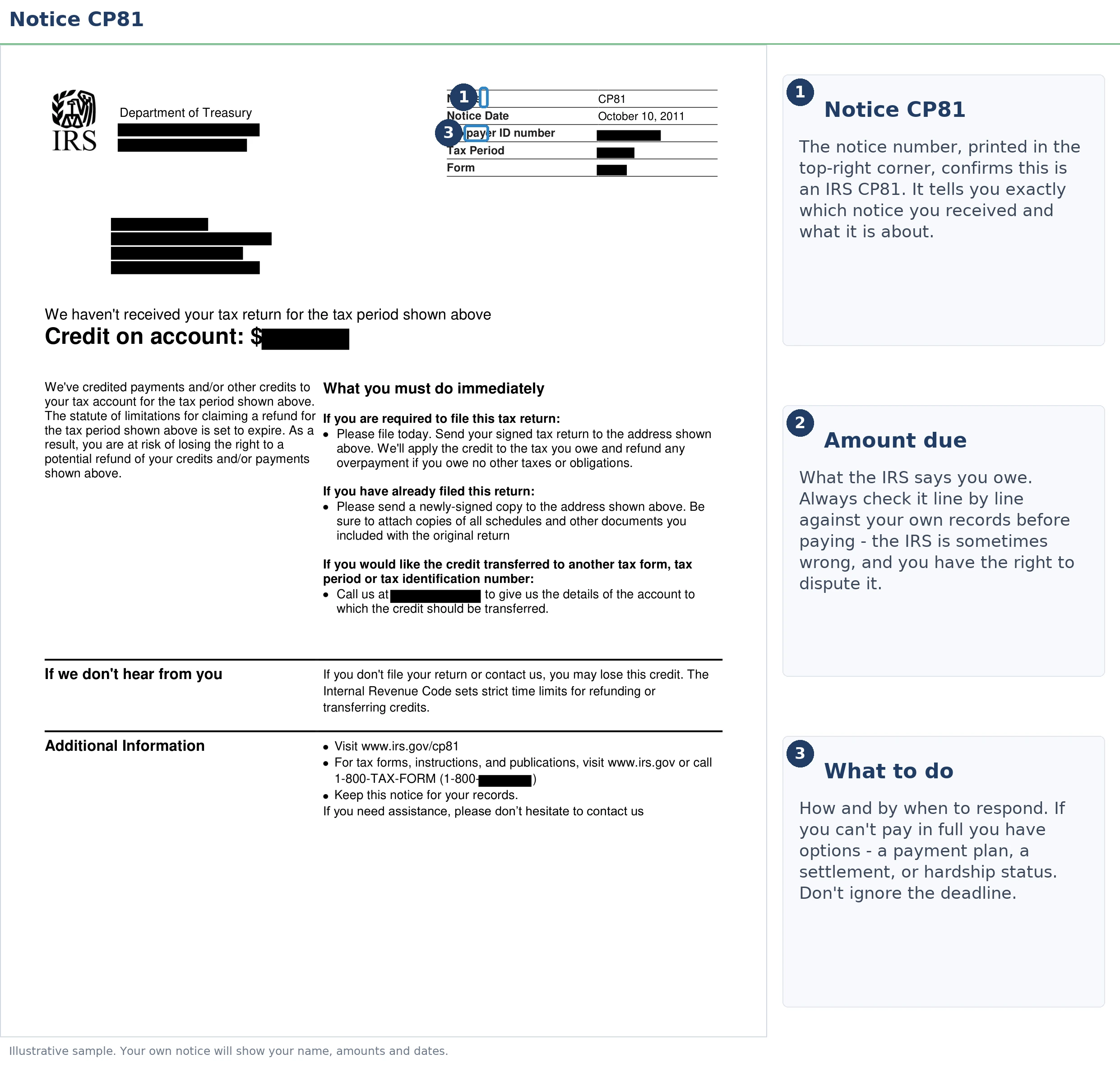 An exact sample of the IRS CP81 notice with the key parts highlighted.