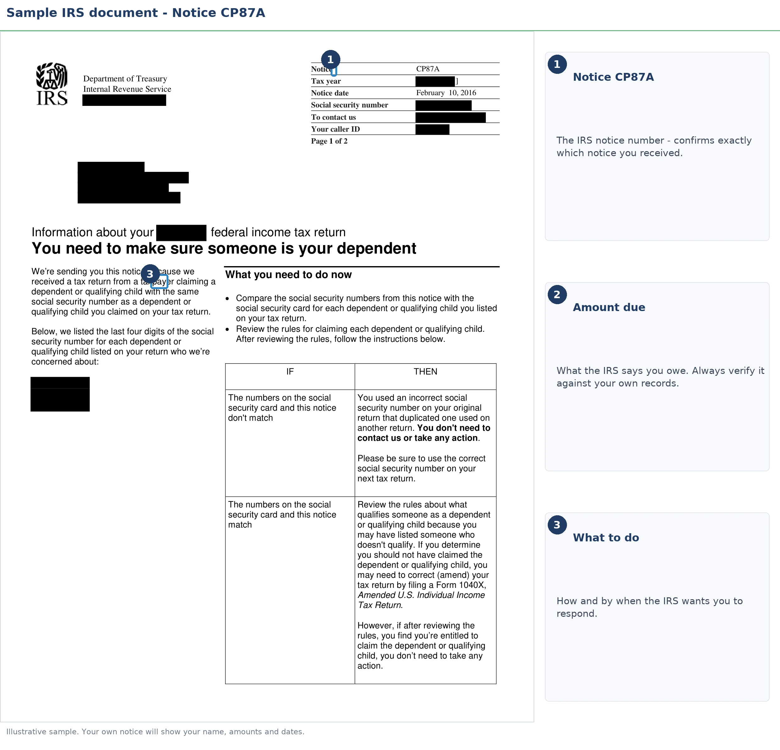 An exact sample of the IRS CP87A notice with the key parts highlighted.