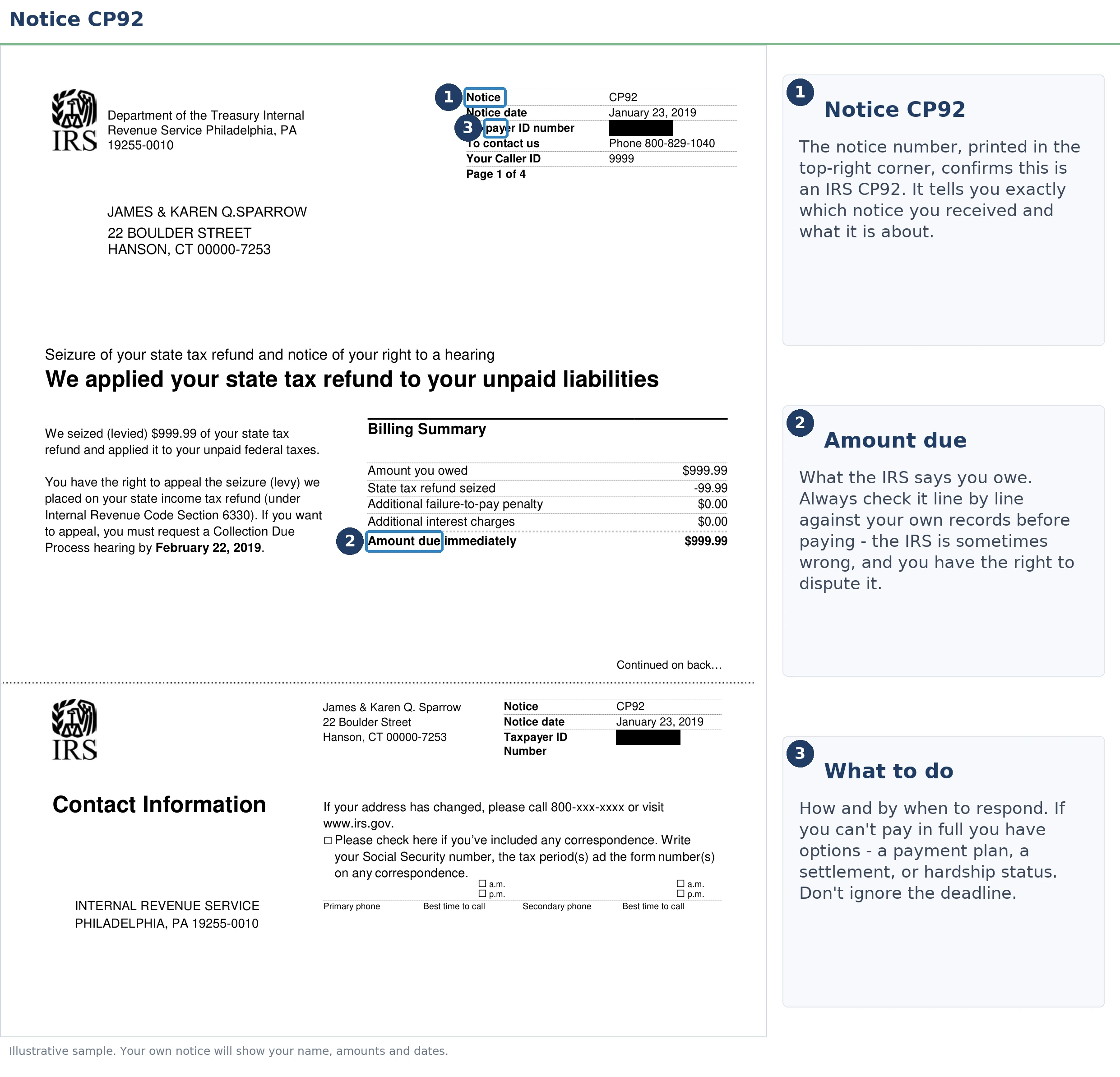 An exact sample of the IRS CP92 notice with the key parts highlighted.