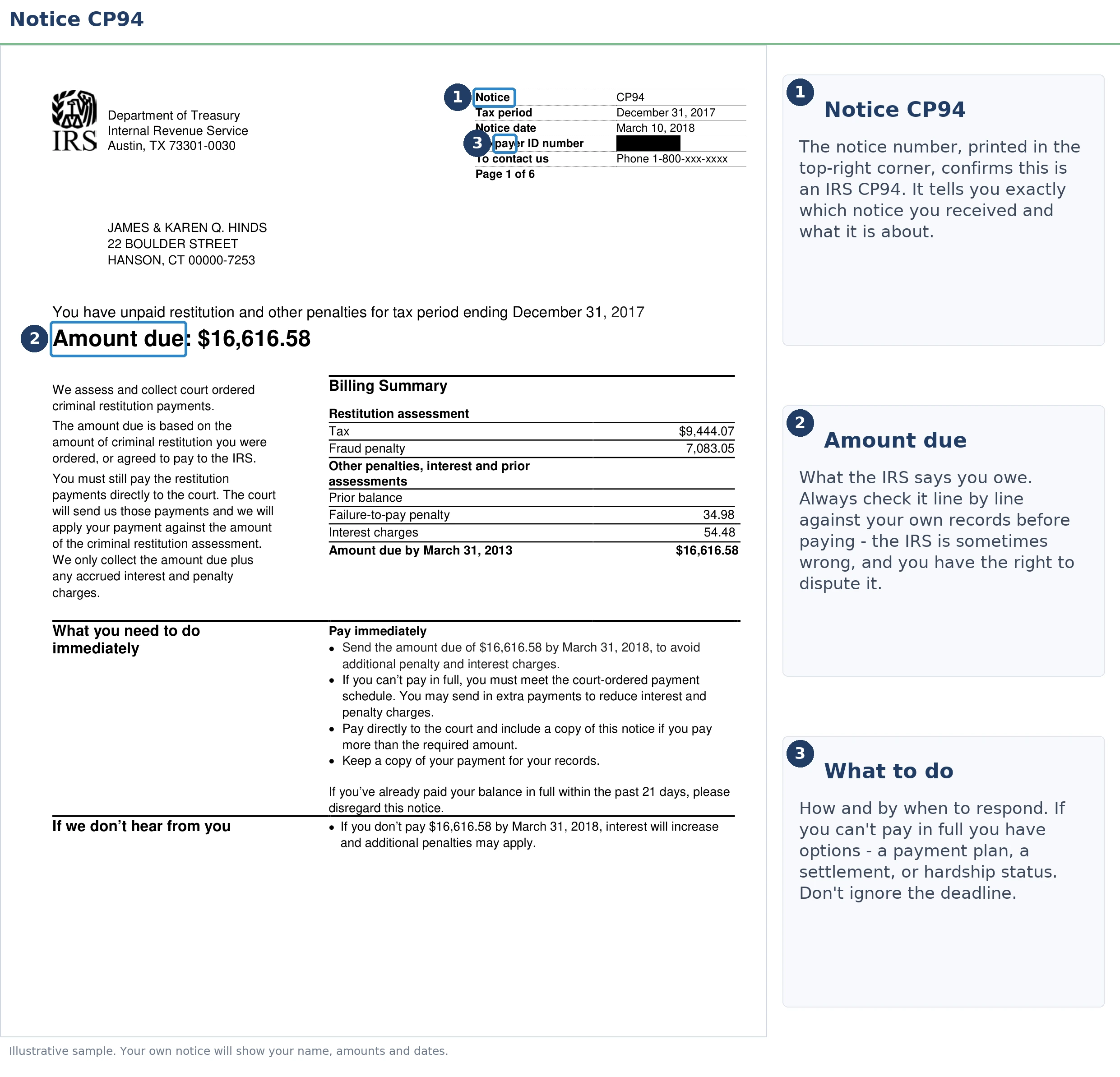 An exact sample of the IRS CP94 notice with the key parts highlighted.