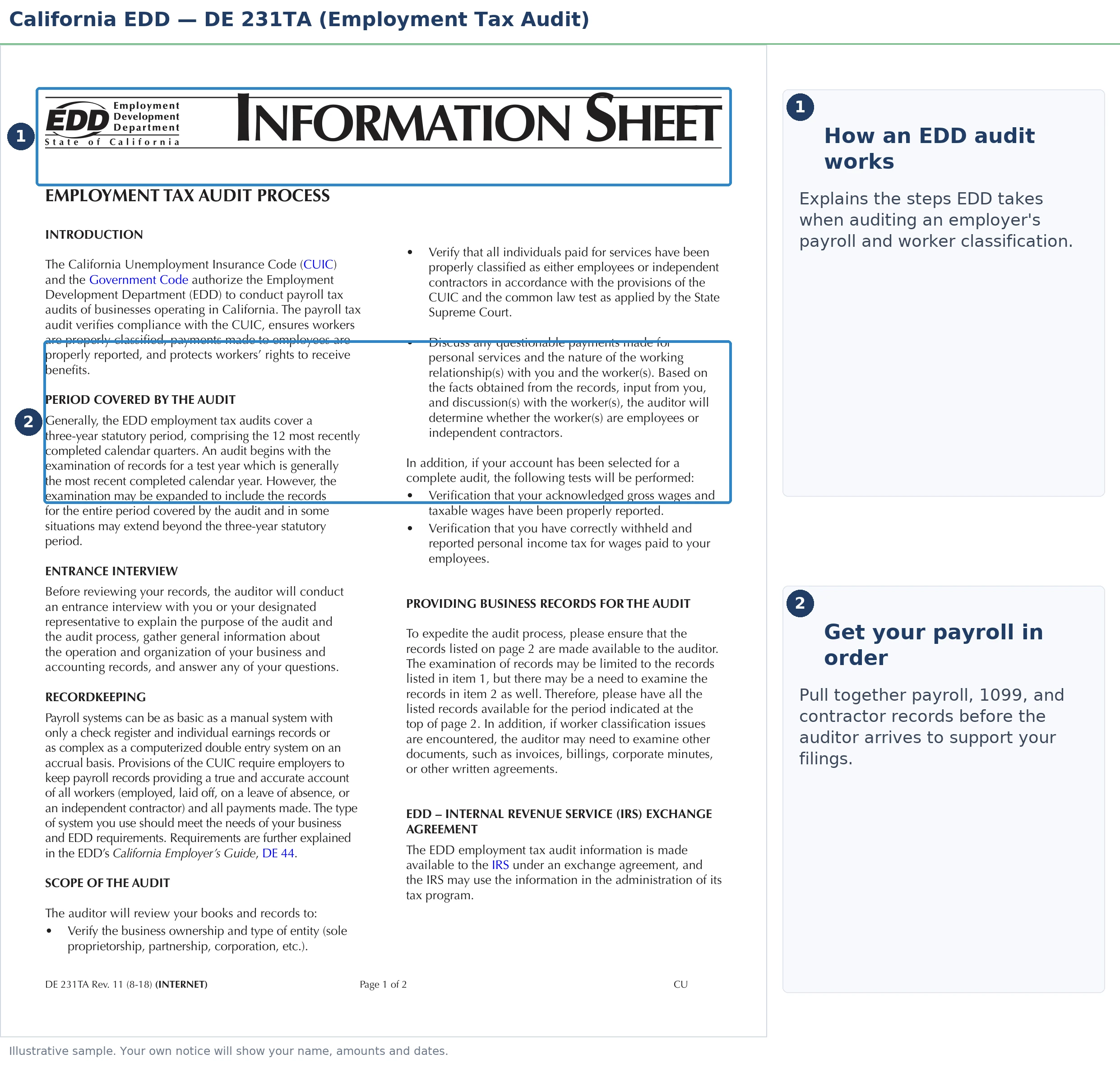 An annotated sample document for EDD Audit in 2026, with the key parts highlighted.