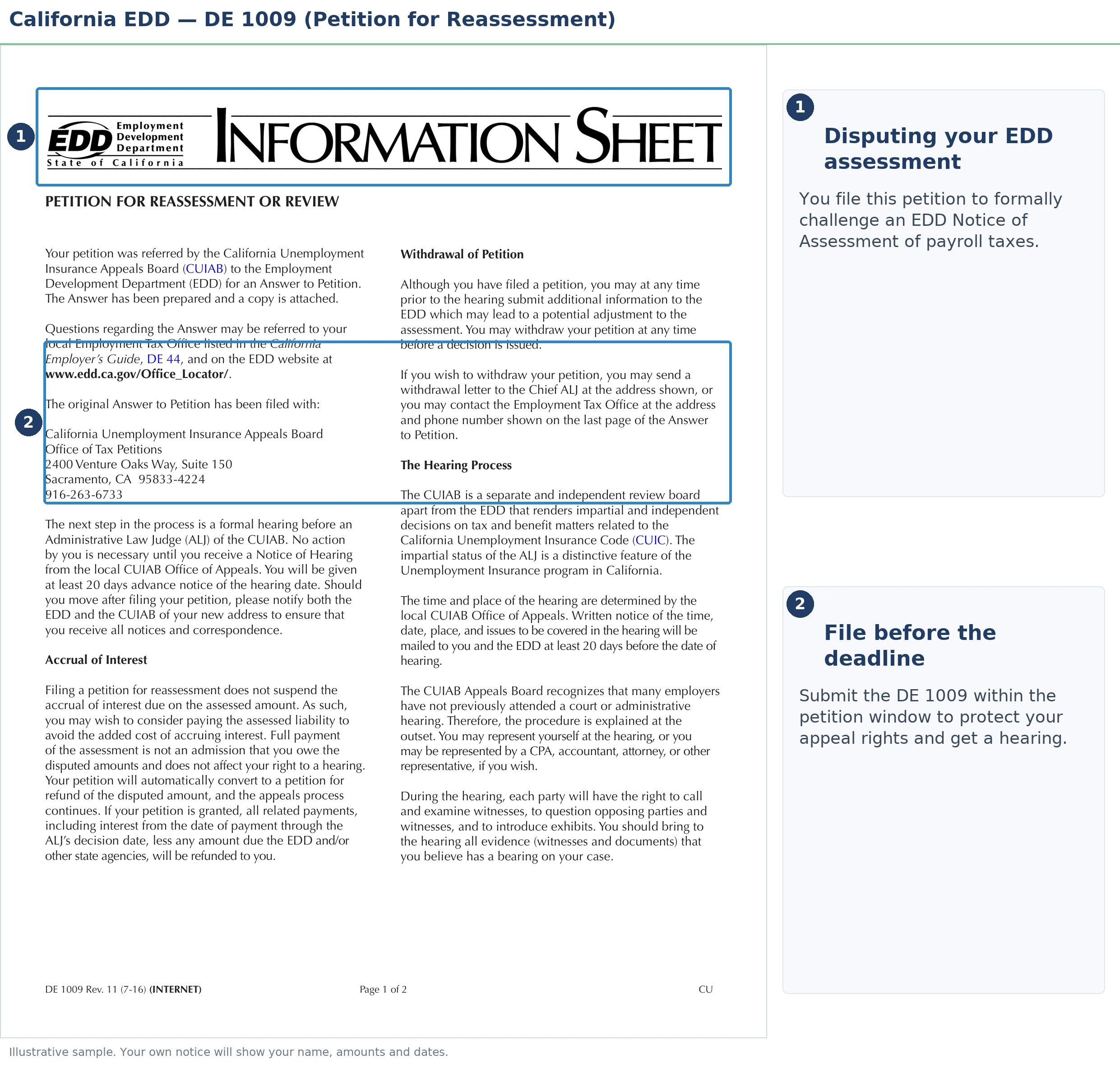 An annotated sample document for EDD Notice of Assessment, with the key parts highlighted.