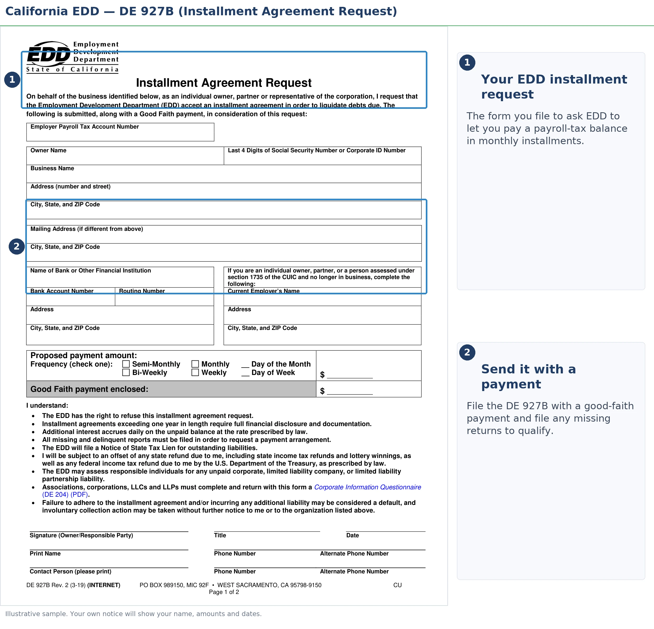 An annotated sample document for EDD Payment Plan, with the key parts highlighted.