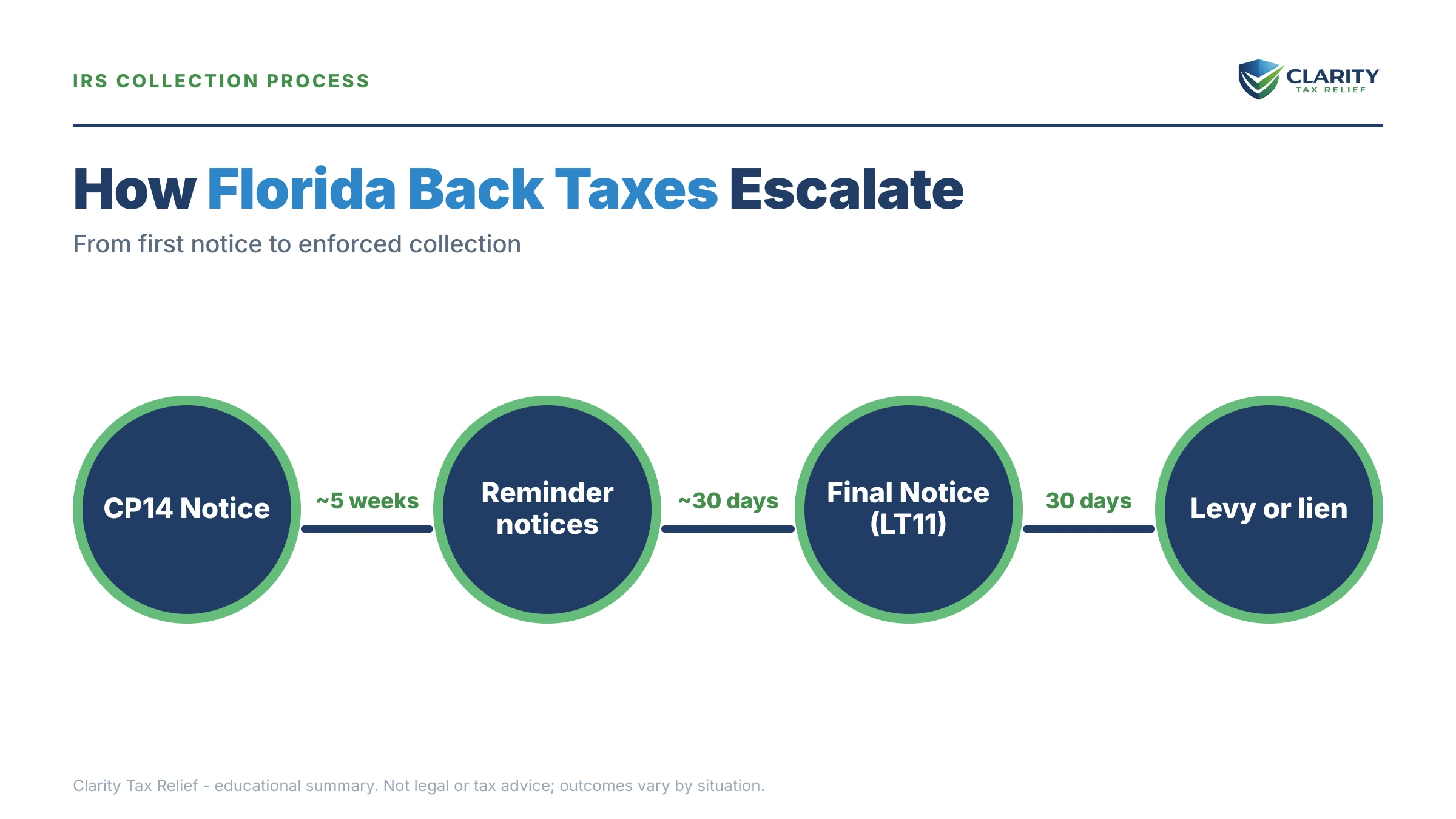 Infographic: key facts and deadlines about Florida Back Taxes and the IRS.
