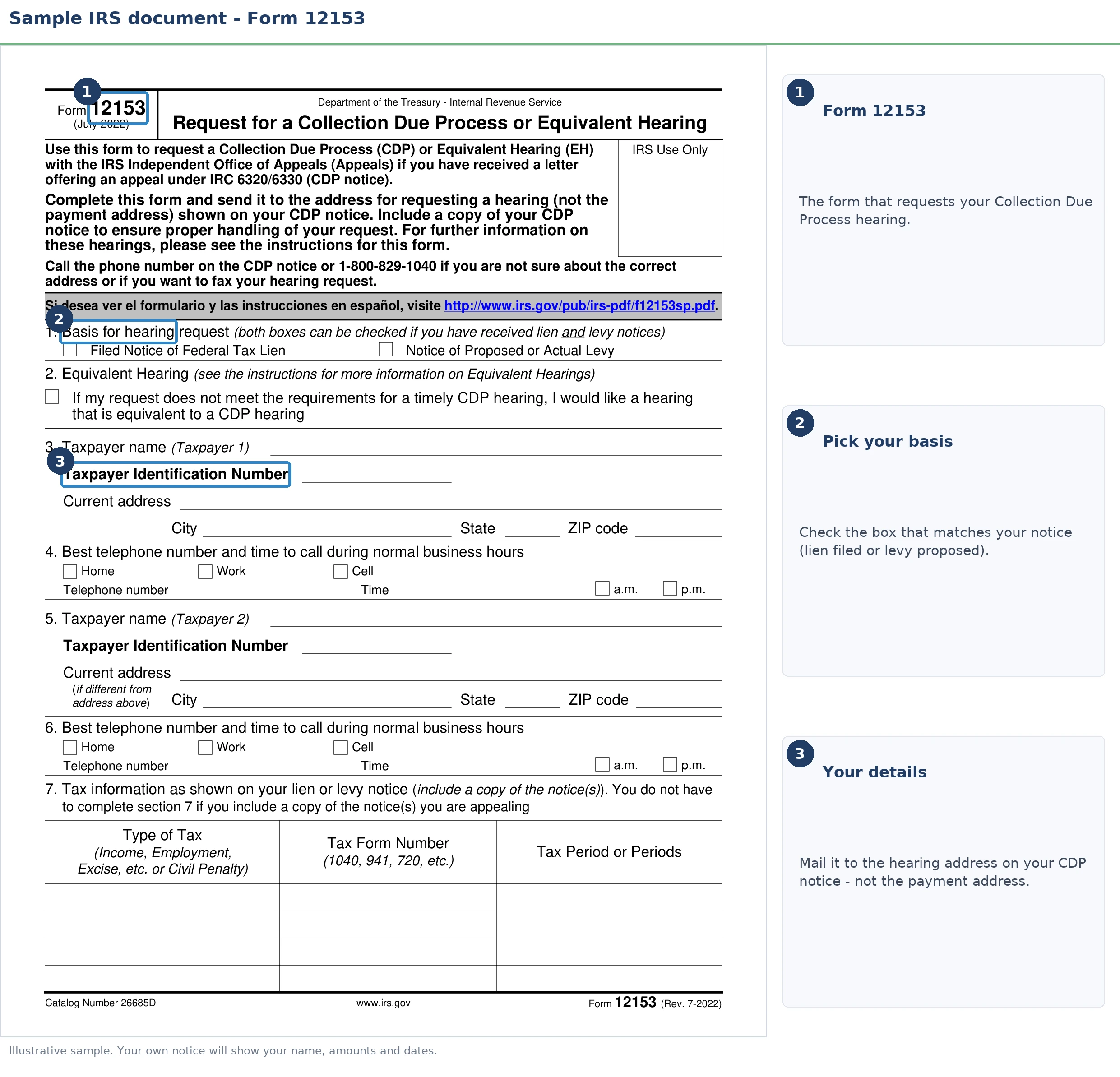An exact sample of the IRS Form 12153 with the key parts highlighted.