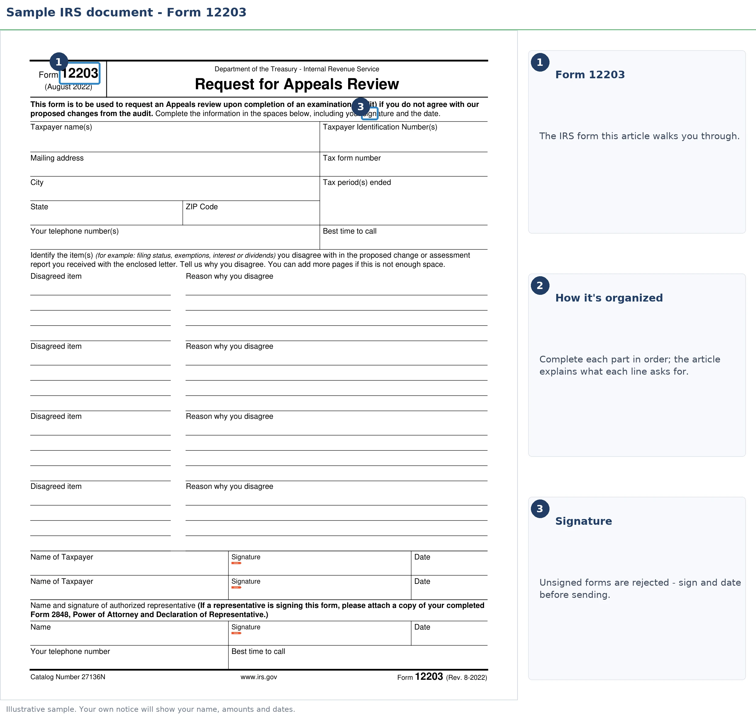 An exact sample of the IRS Form 12203 with the key parts highlighted.