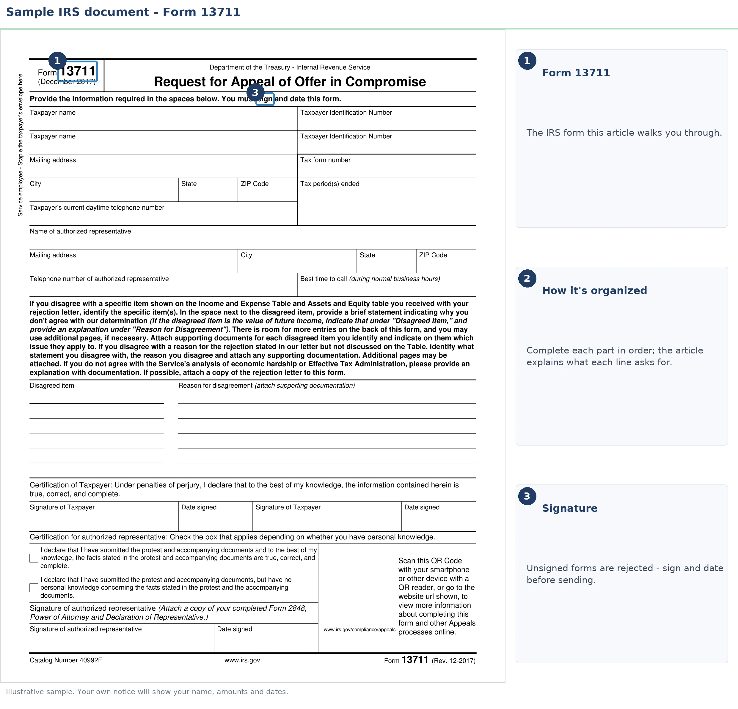 An exact sample of the IRS Form 13711 with the key parts highlighted.