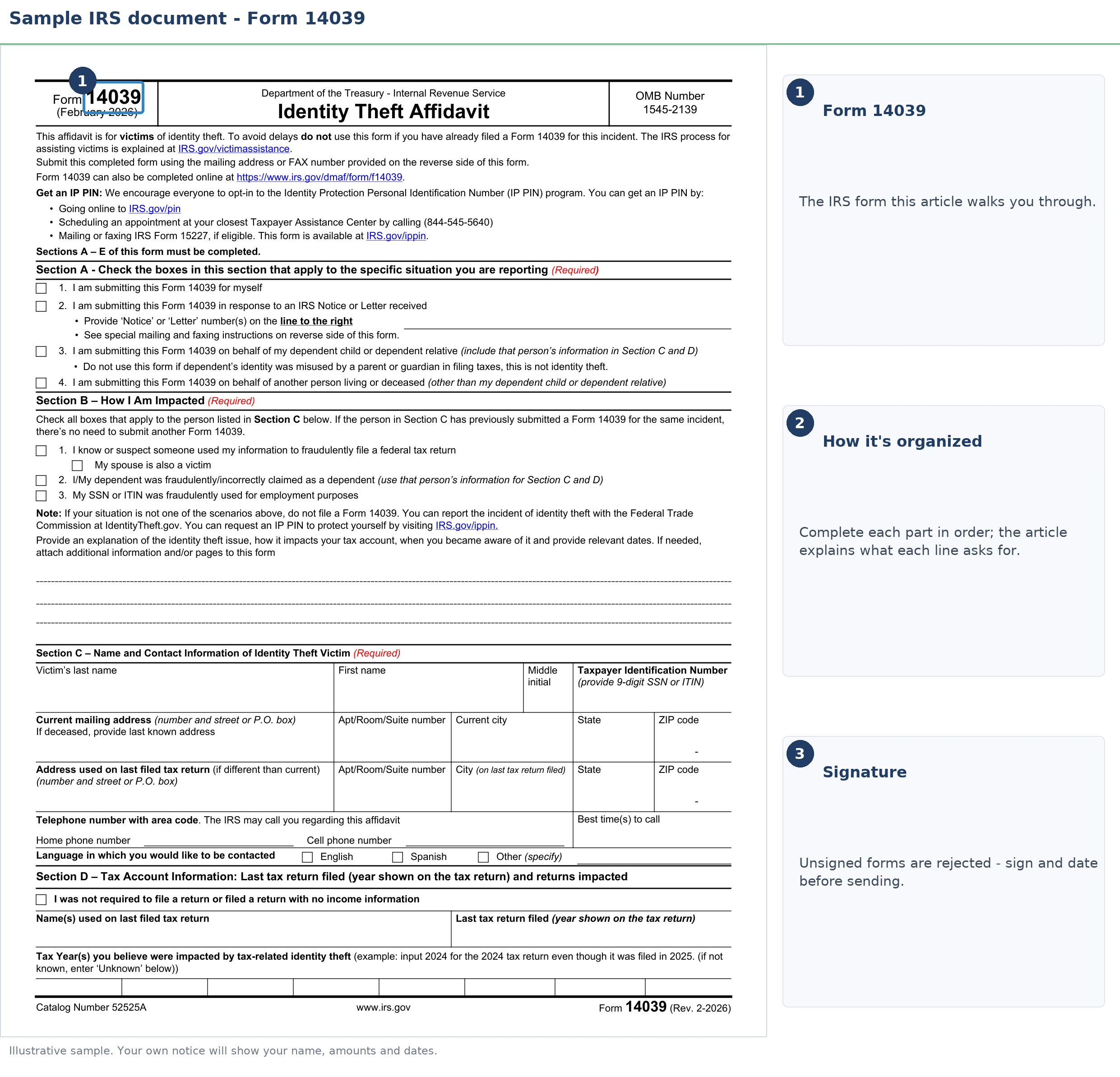 An exact sample of the IRS Form 14039 with the key parts highlighted.