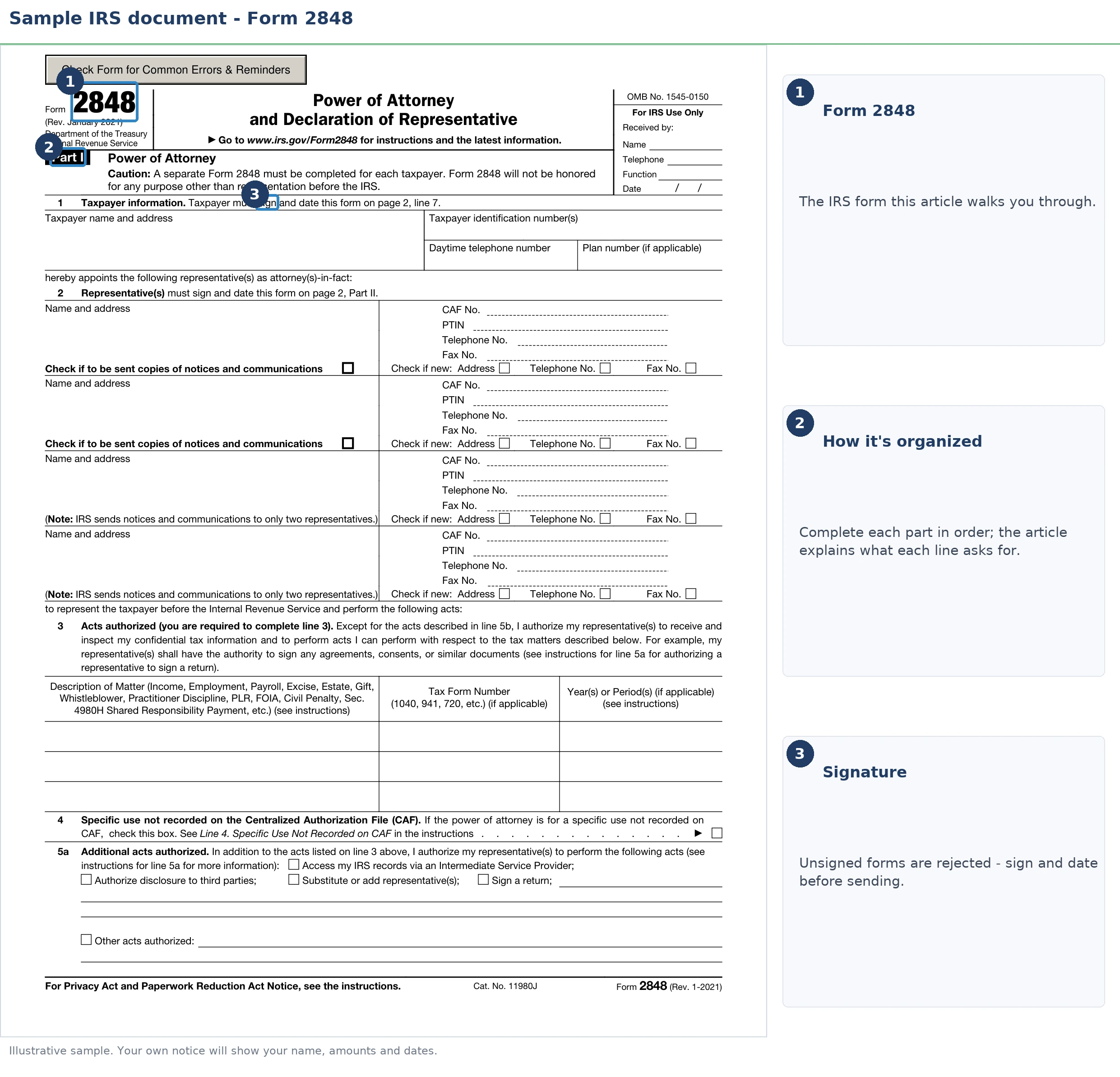 An exact sample of the IRS Form 2848 with the key parts highlighted.