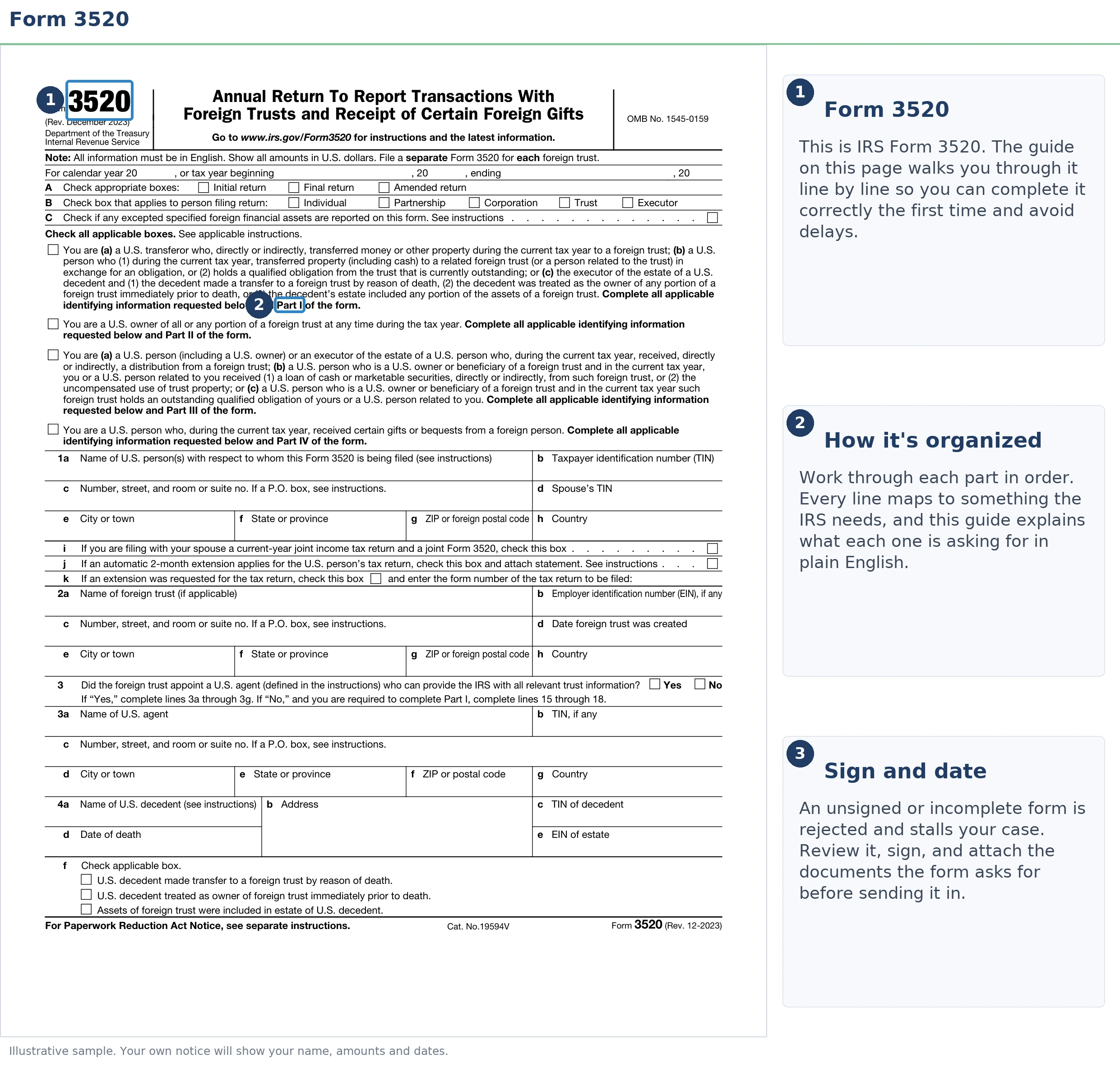 An exact sample of the IRS Form 3520 with the key parts highlighted.
