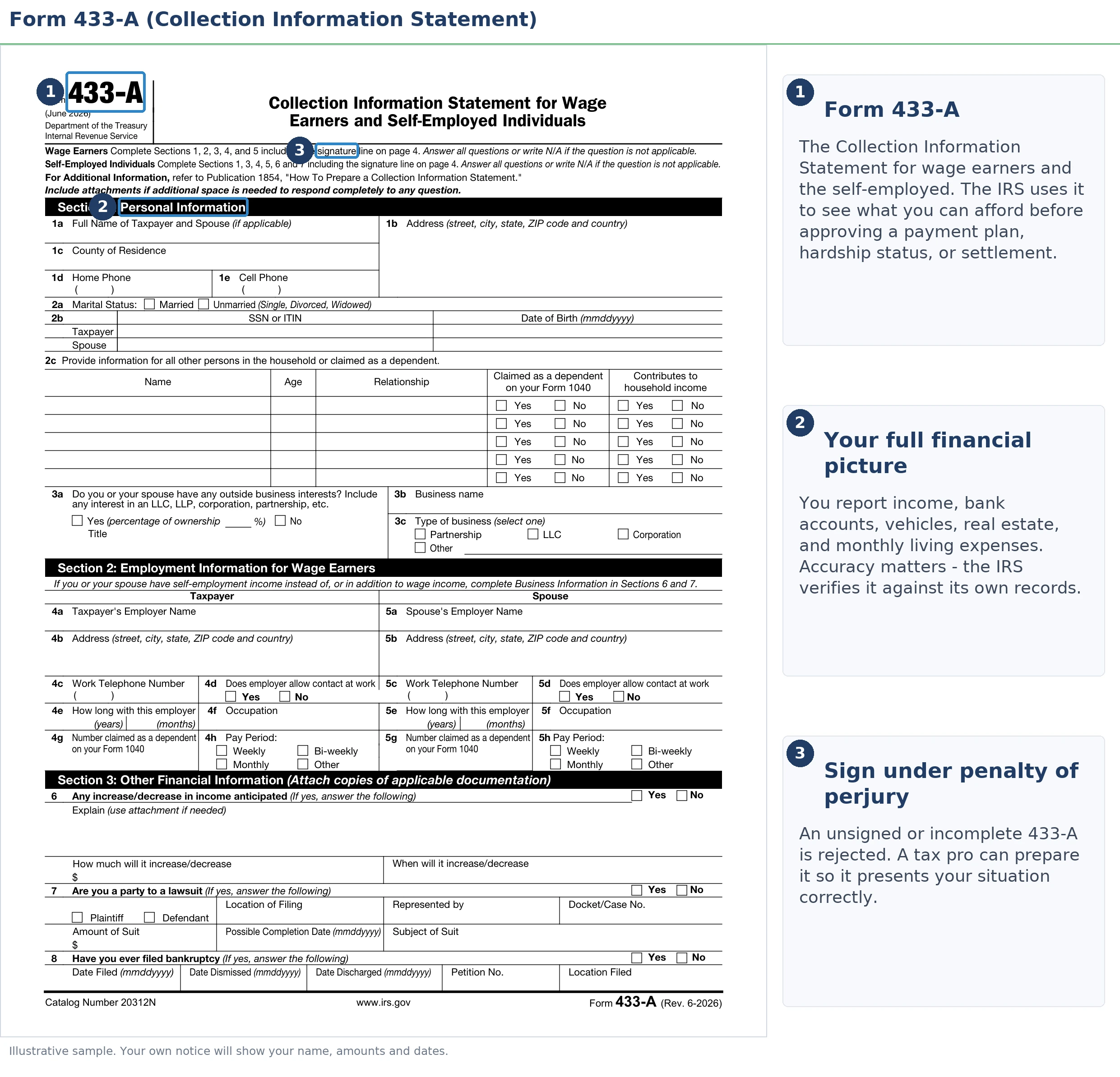 An exact sample of the IRS Form 433 with the key parts highlighted.