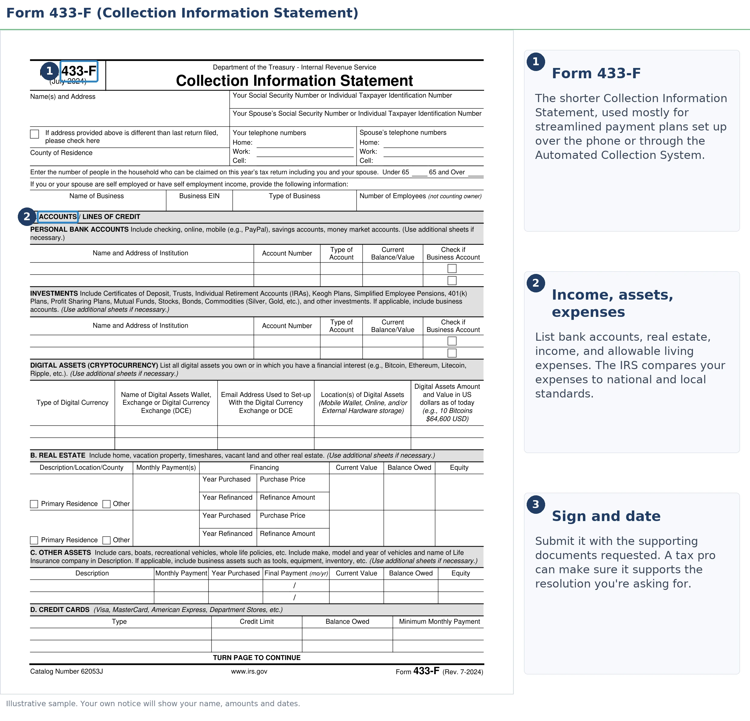An exact sample of the IRS Form 433 with the key parts highlighted.