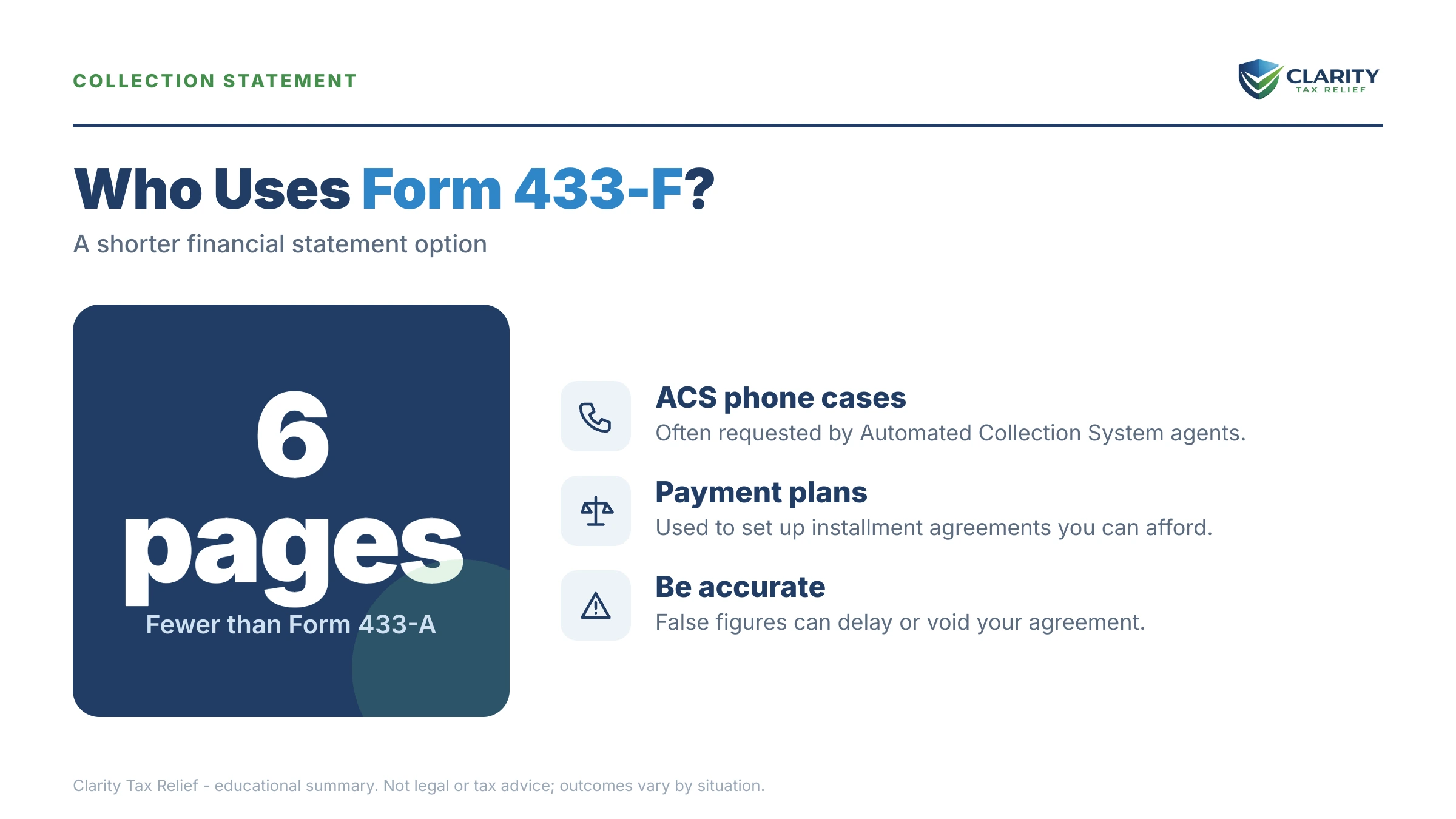Infographic: timelines, costs and options for Form 433-F.