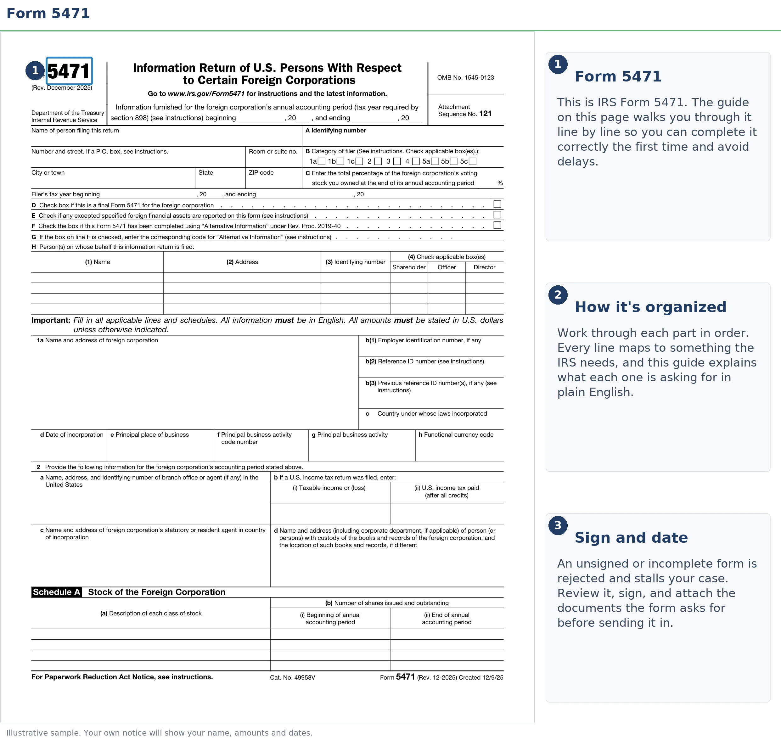 An exact sample of the IRS Form 5471 with the key parts highlighted.