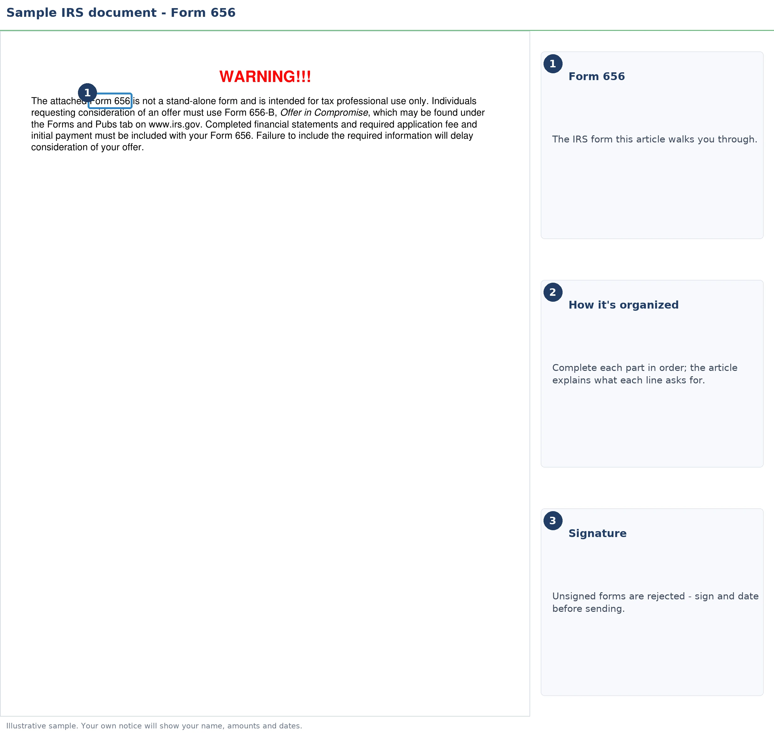 An exact sample of the IRS Form 656 with the key parts highlighted.