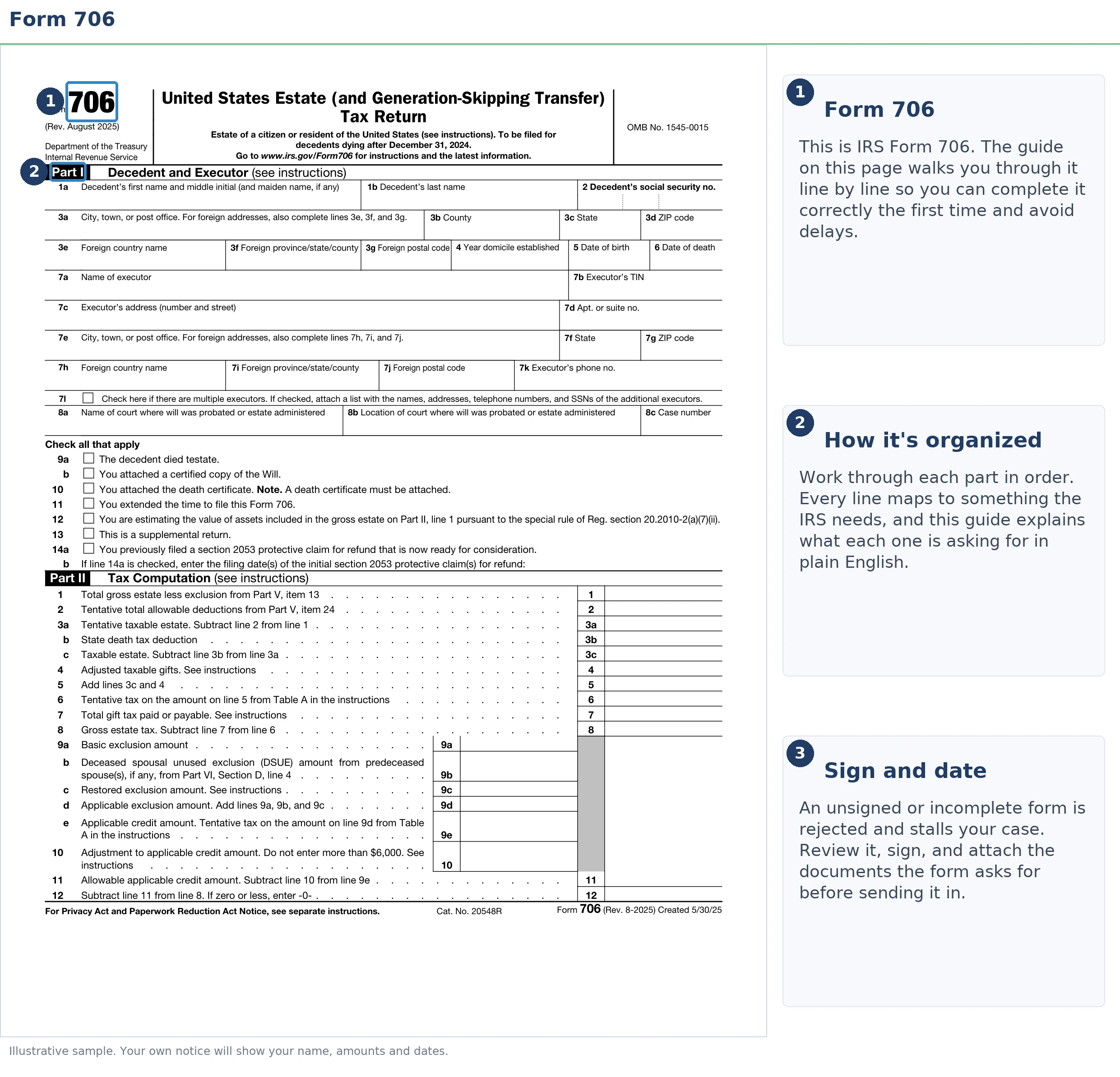 An exact sample of the IRS Form 706 with the key parts highlighted.