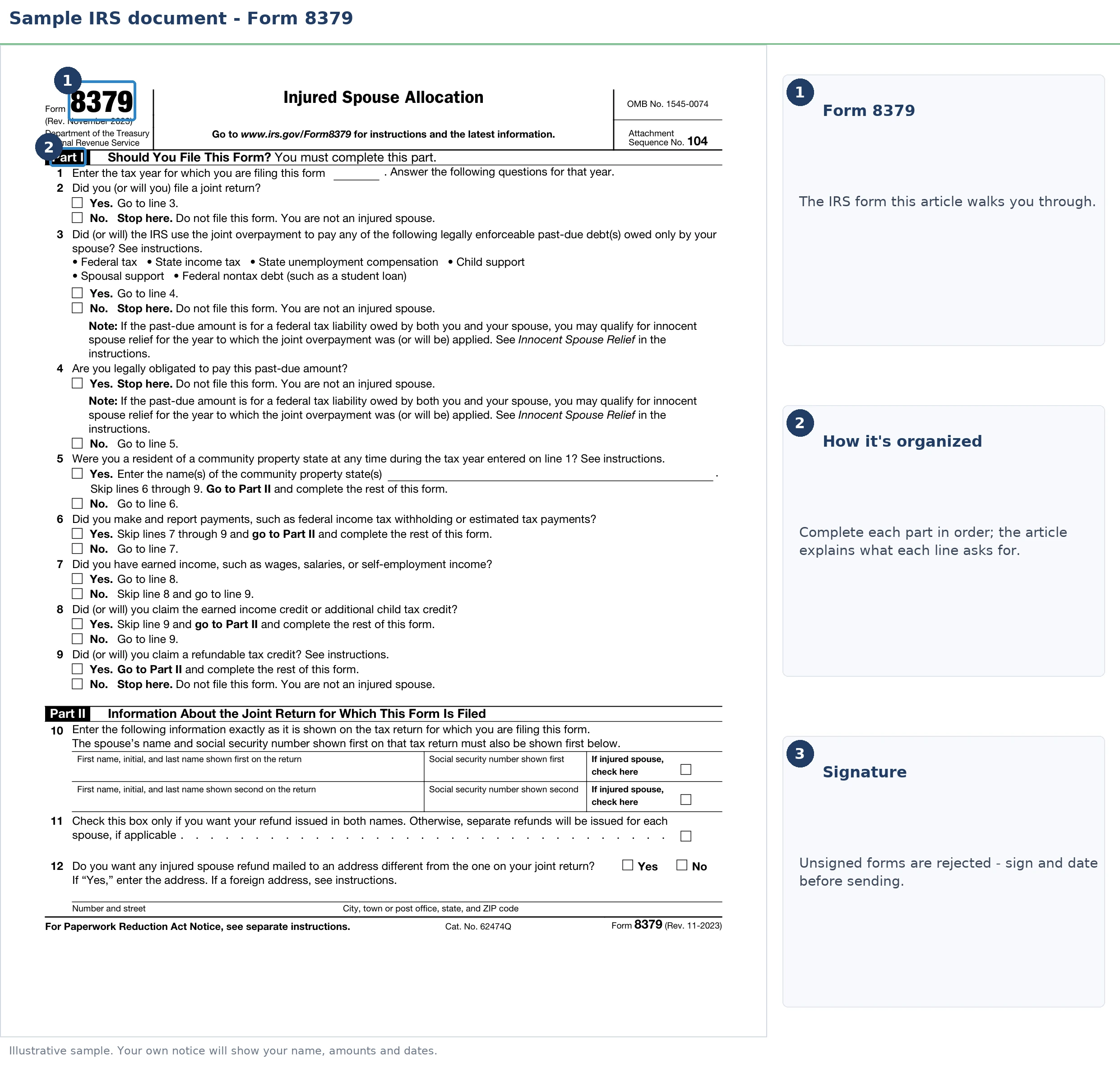 An exact sample of the IRS Form 8379 with the key parts highlighted.