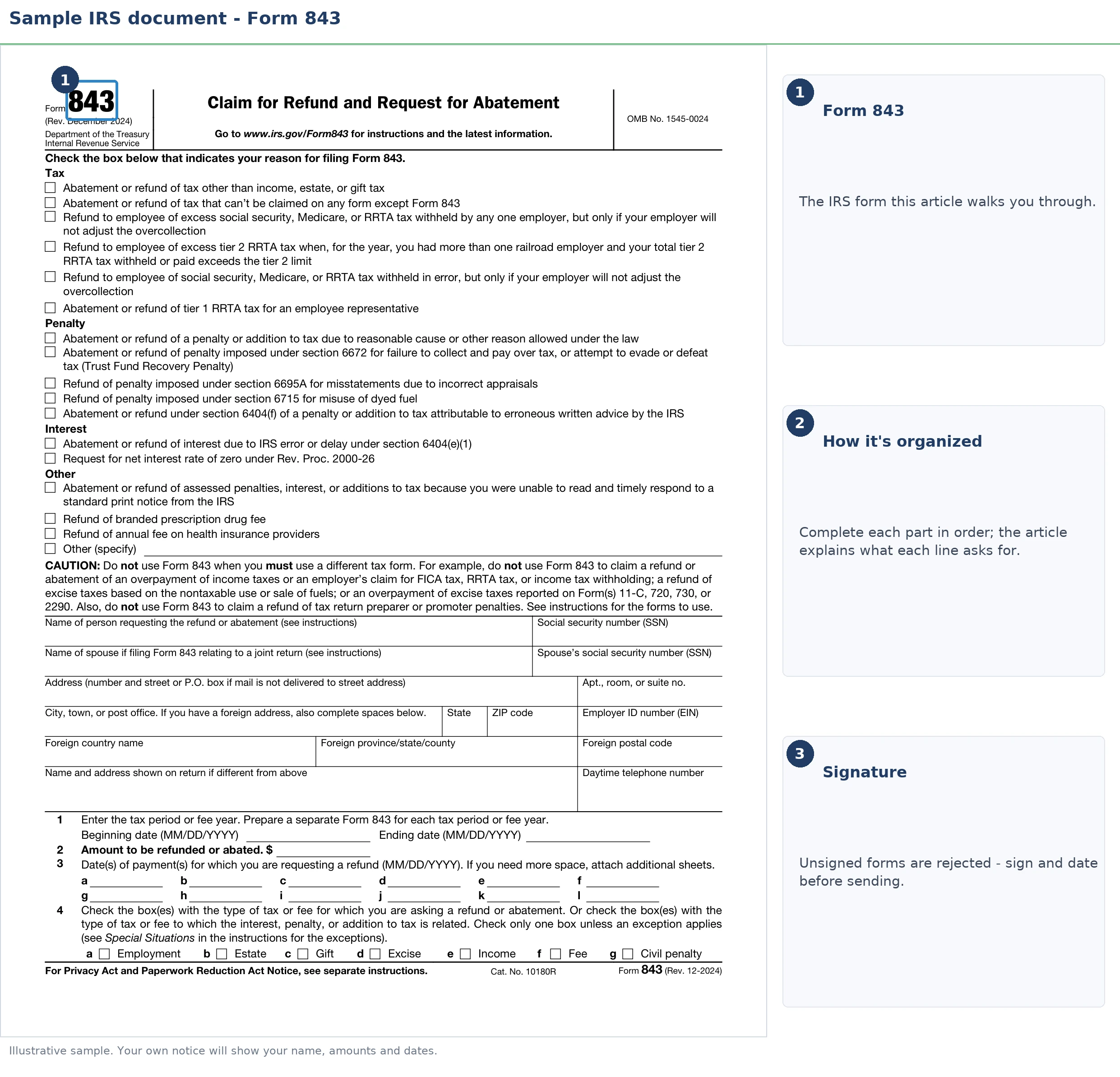 An exact sample of the IRS Form 843 with the key parts highlighted.