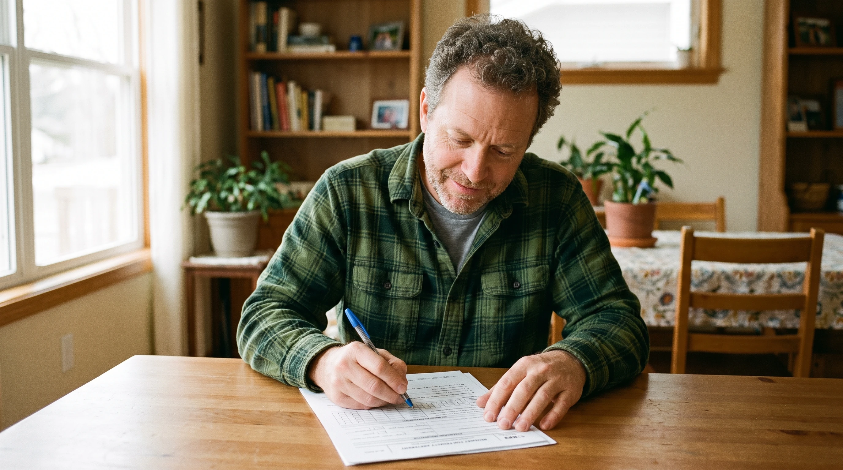 A person reviewing an IRS Form 843 at home.