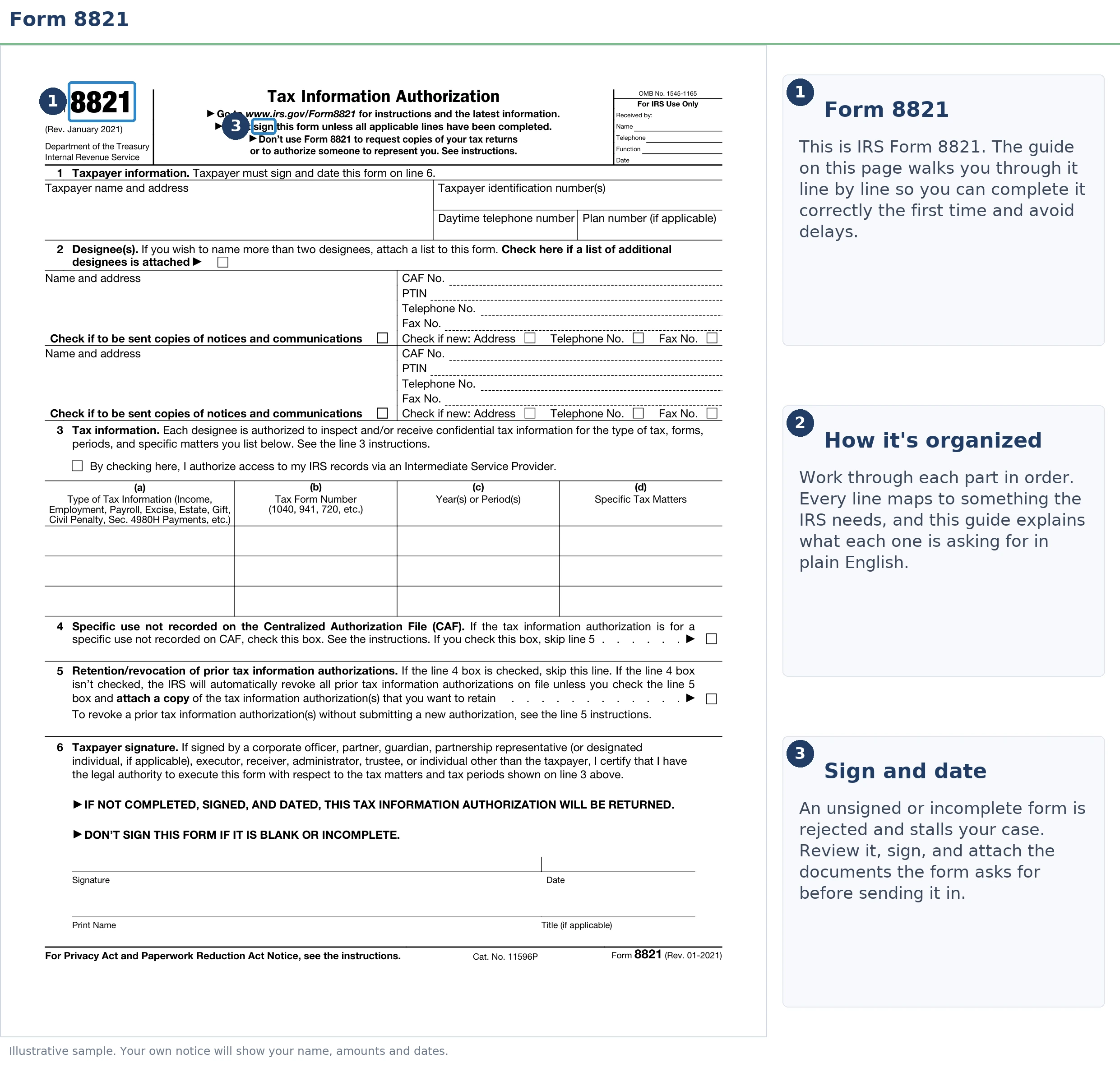 An exact sample of the IRS Form 8821 with the key parts highlighted.