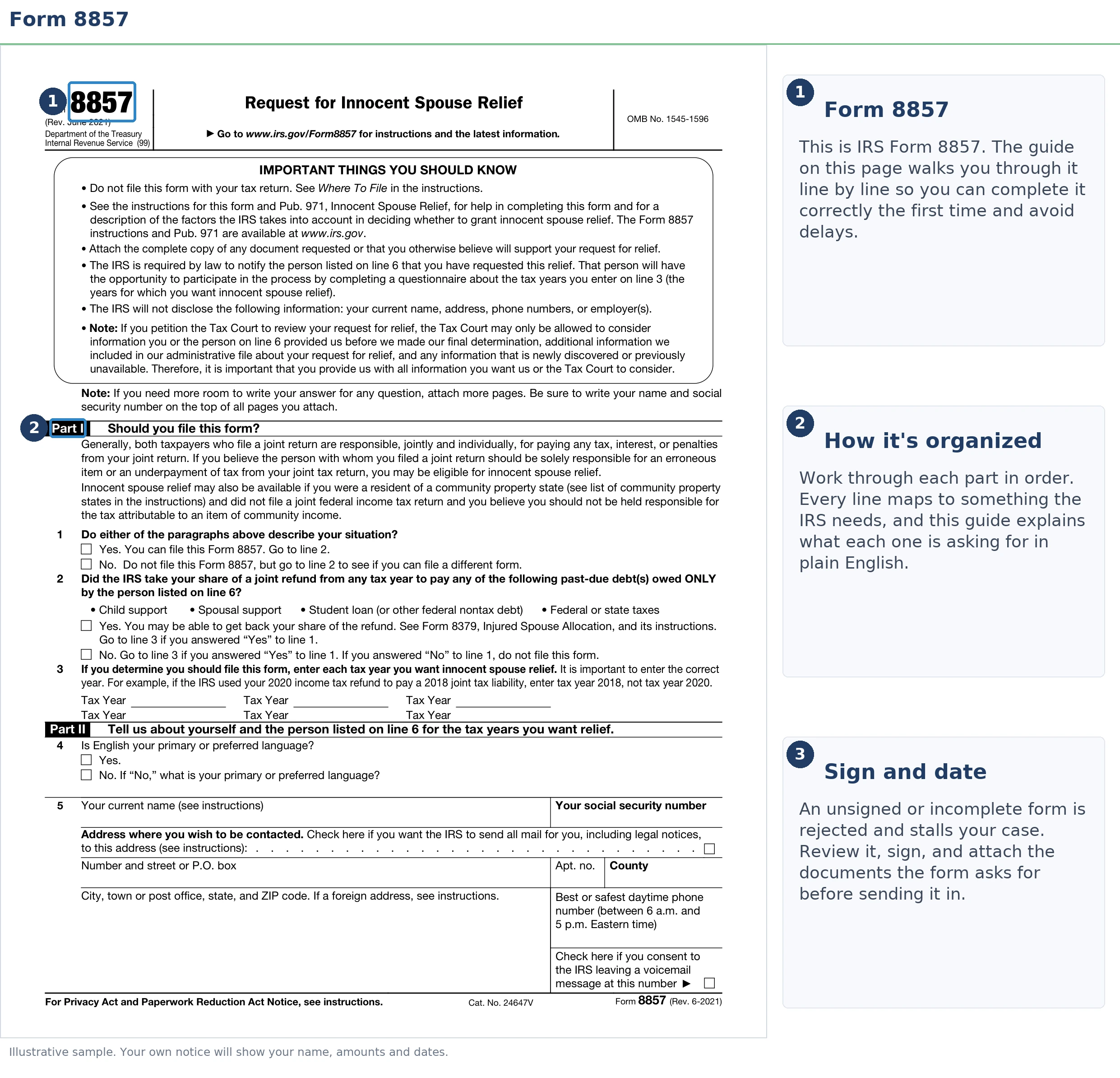 An exact sample of the IRS Form 8857 with the key parts highlighted.