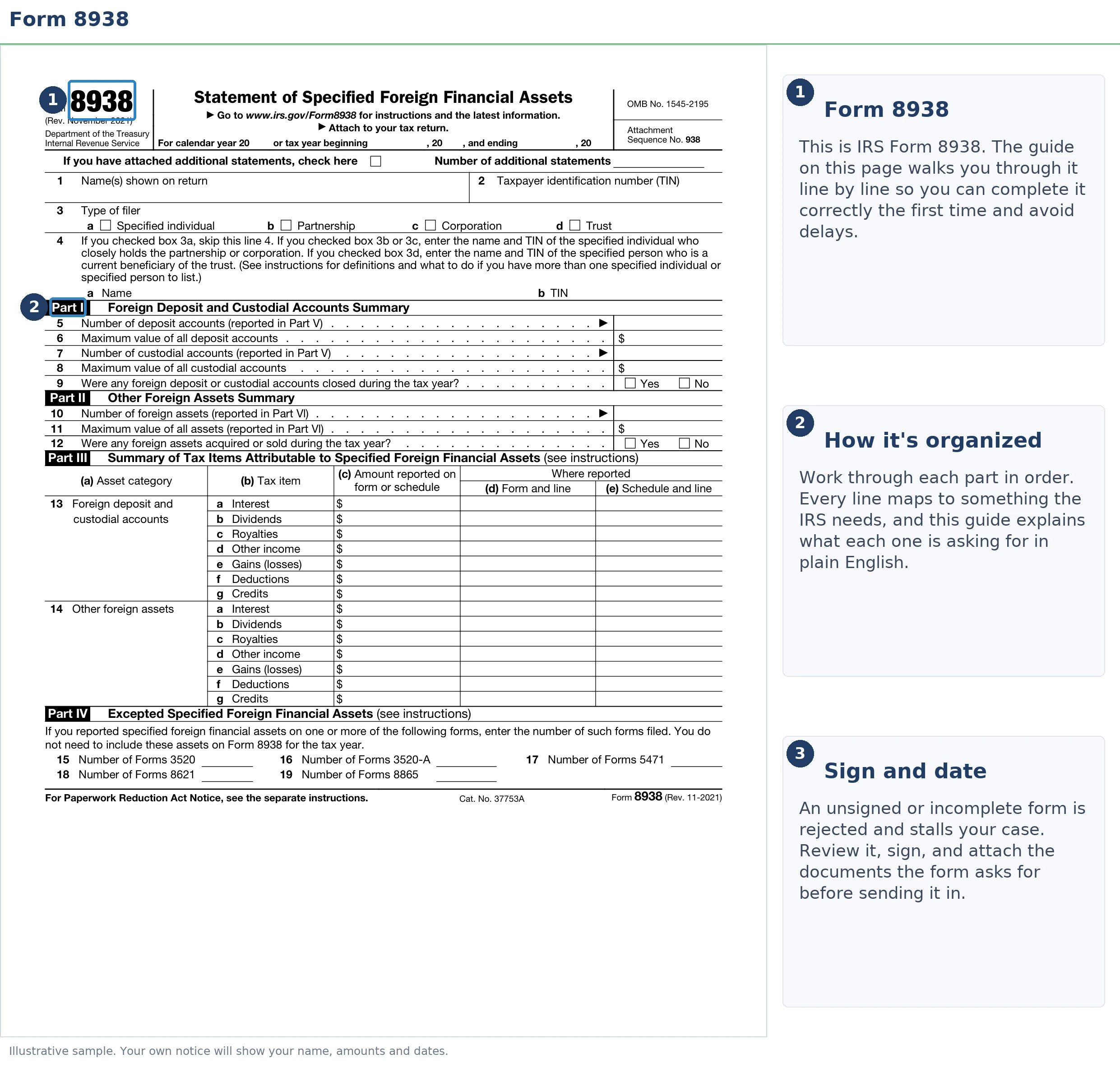 An exact sample of the IRS Form 8938 with the key parts highlighted.