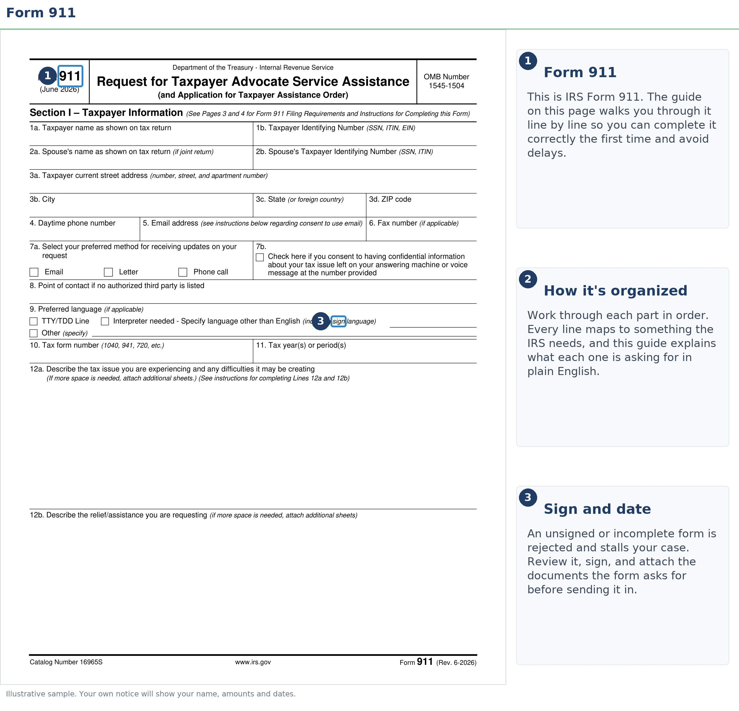 An exact sample of the IRS Form 911 with the key parts highlighted.