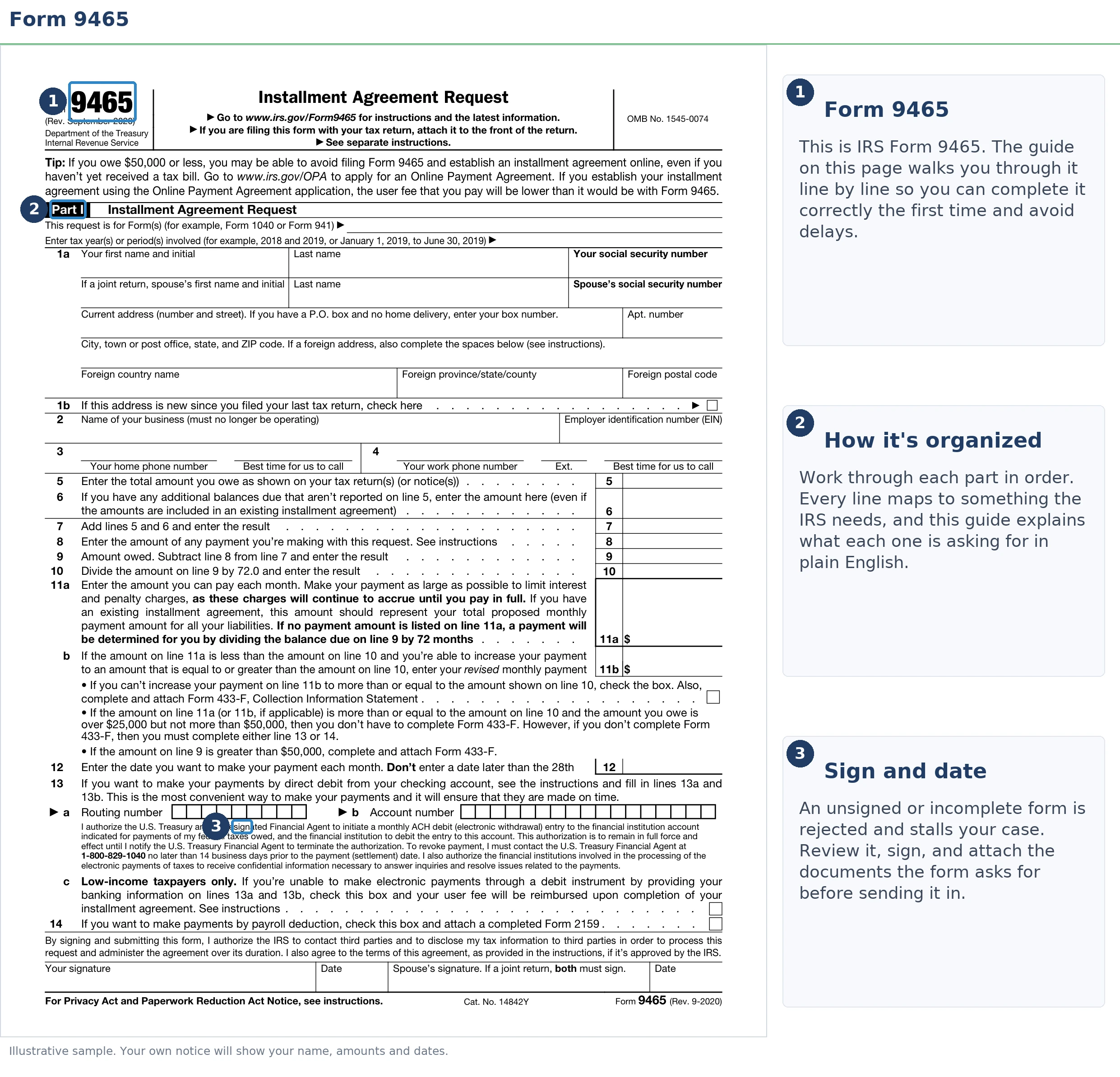 An exact sample of the IRS Form 9465 with the key parts highlighted.
