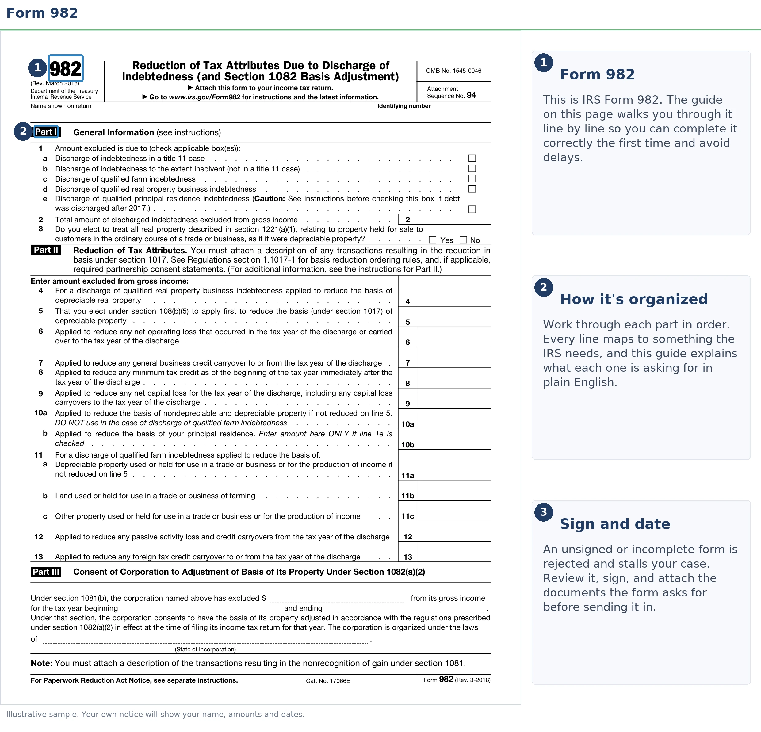 An exact sample of the IRS Form 982 with the key parts highlighted.