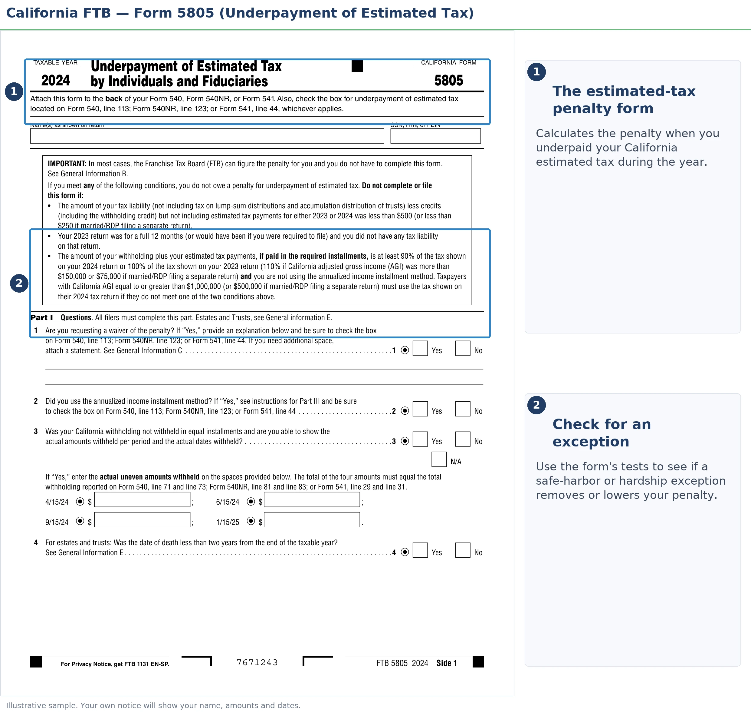 An annotated sample document for FTB Estimated Tax Penalty, with the key parts highlighted.
