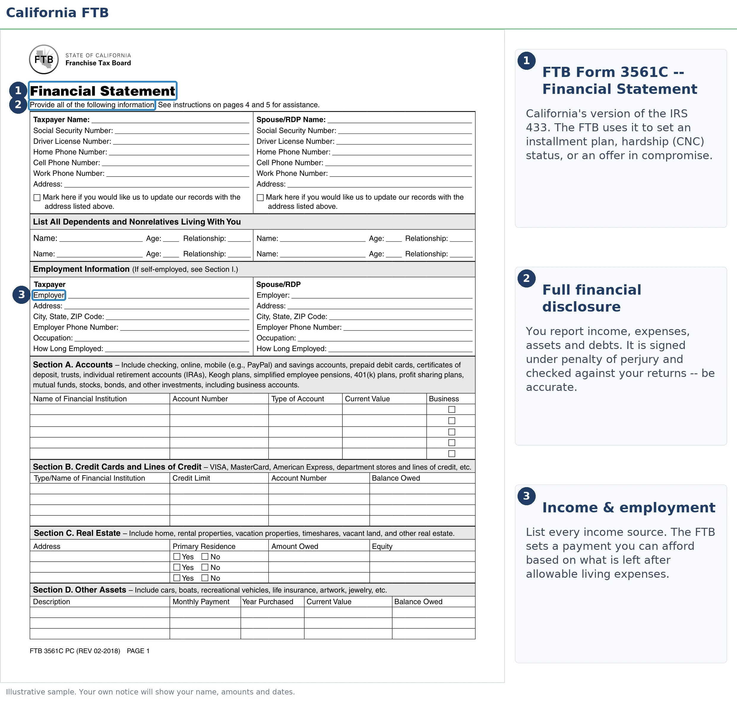An annotated sample document for FTB Form 3561, with the key parts highlighted.